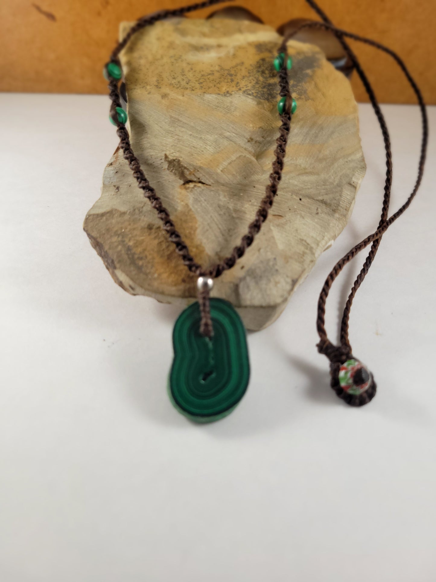 Natural Malachite Stalactite Slice Pendant Necklace – 13-Inch Dark Brown Macrame Cord with Toggle Clasp