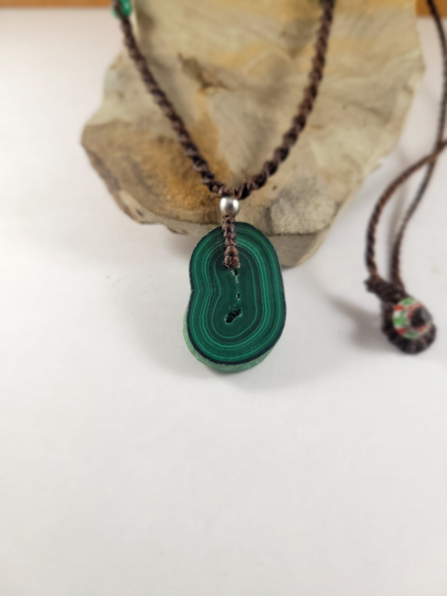 Natural Malachite Stalactite Slice Pendant Necklace – 13-Inch Dark Brown Macrame Cord with Toggle Clasp