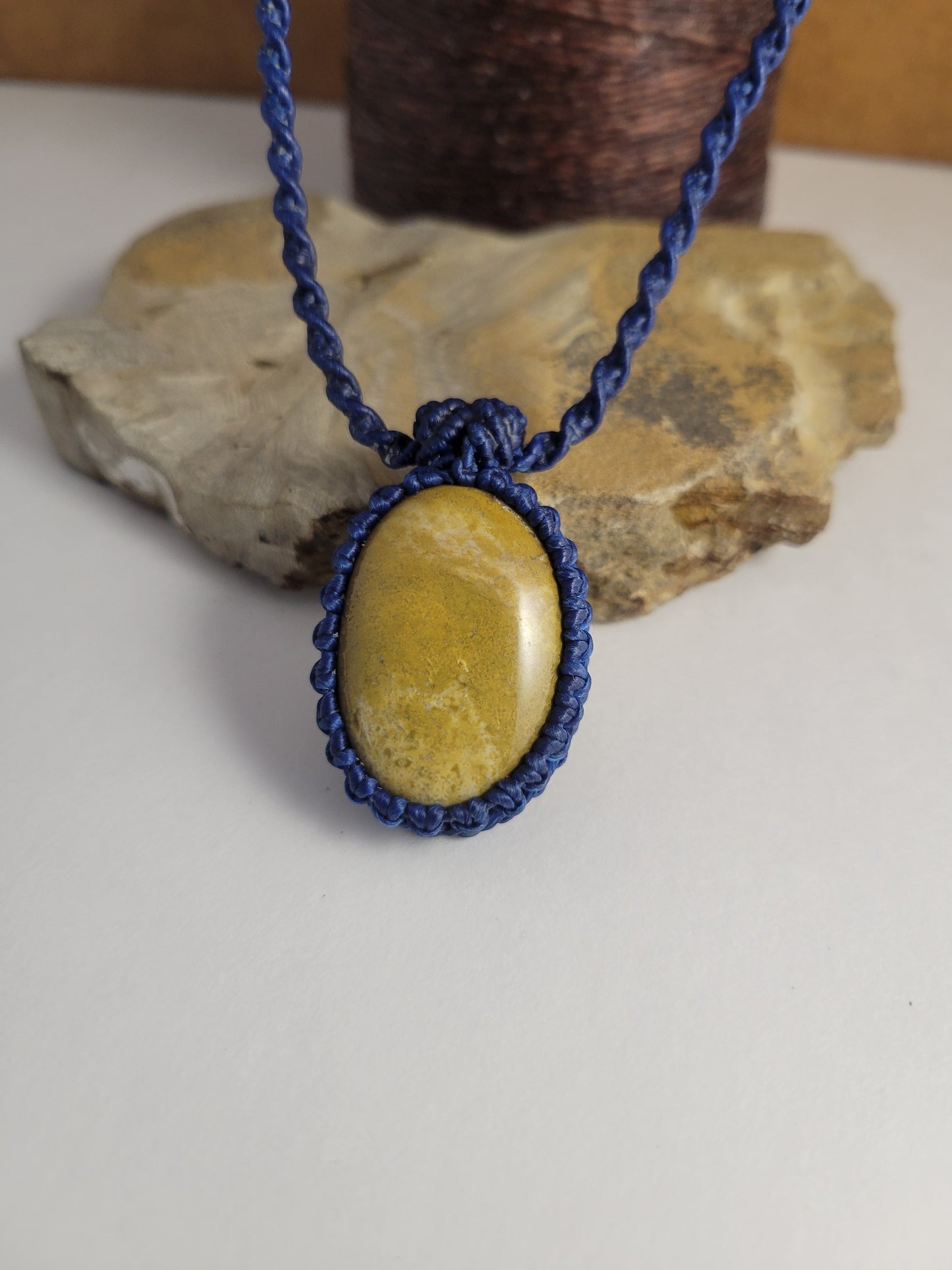 Handcrafted Oval Jasper Pendant Necklace – 13-Inch Blue Micromacrame with Toggle Closure