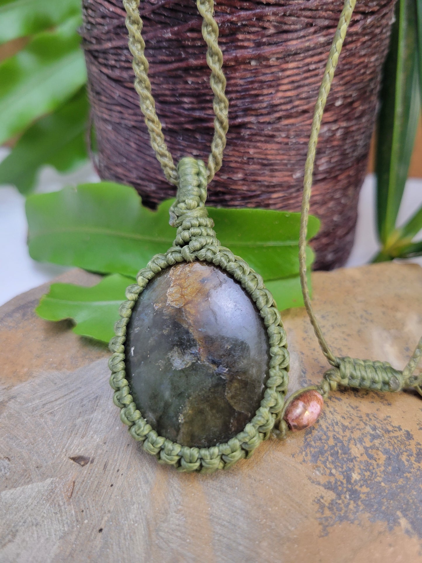 Labradorite Pendant Necklace with Olive Green Macrame – Adjustable Unisex Design (13 Inches)