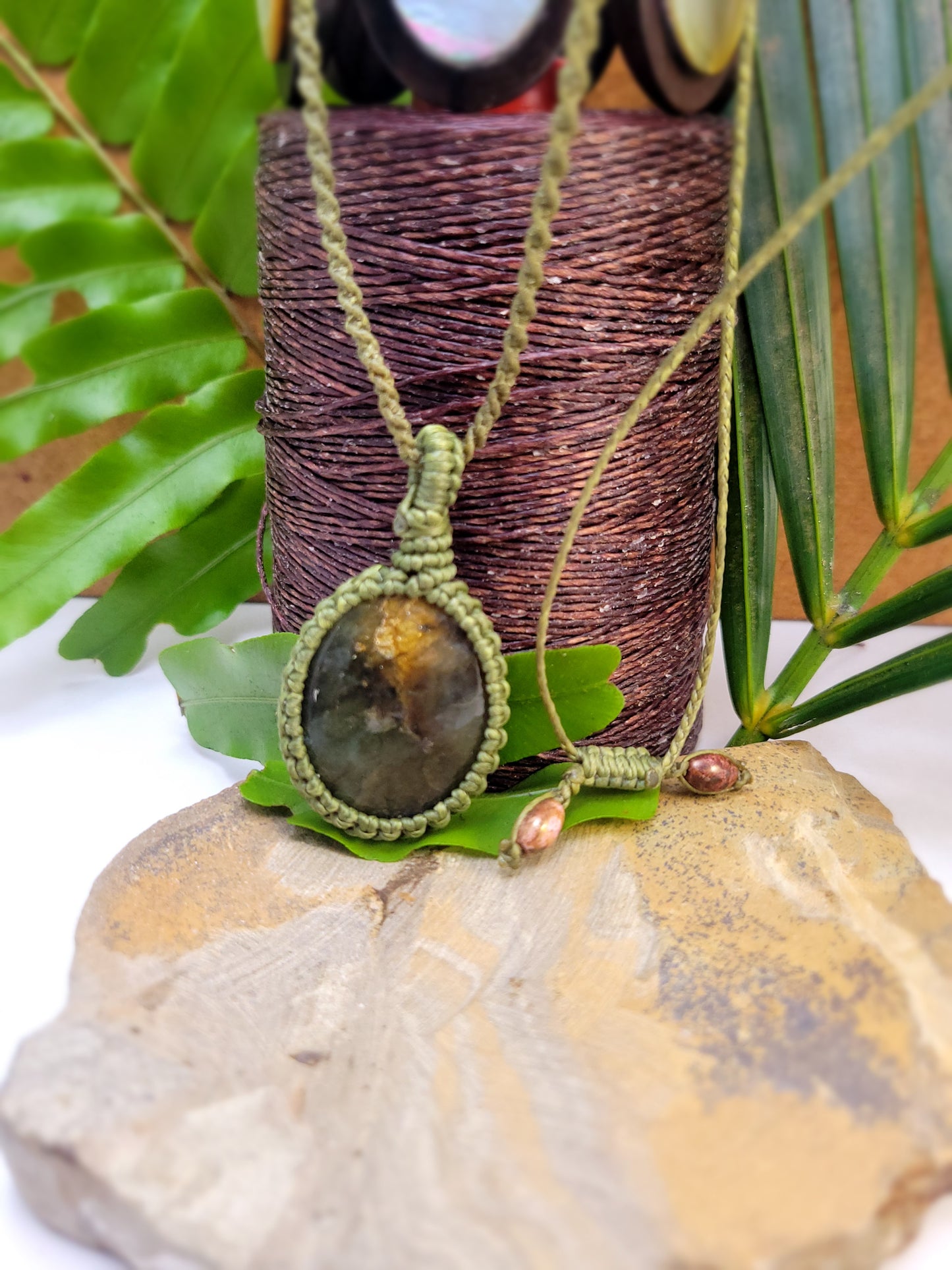 Labradorite Pendant Necklace with Olive Green Macrame – Adjustable Unisex Design (13 Inches)