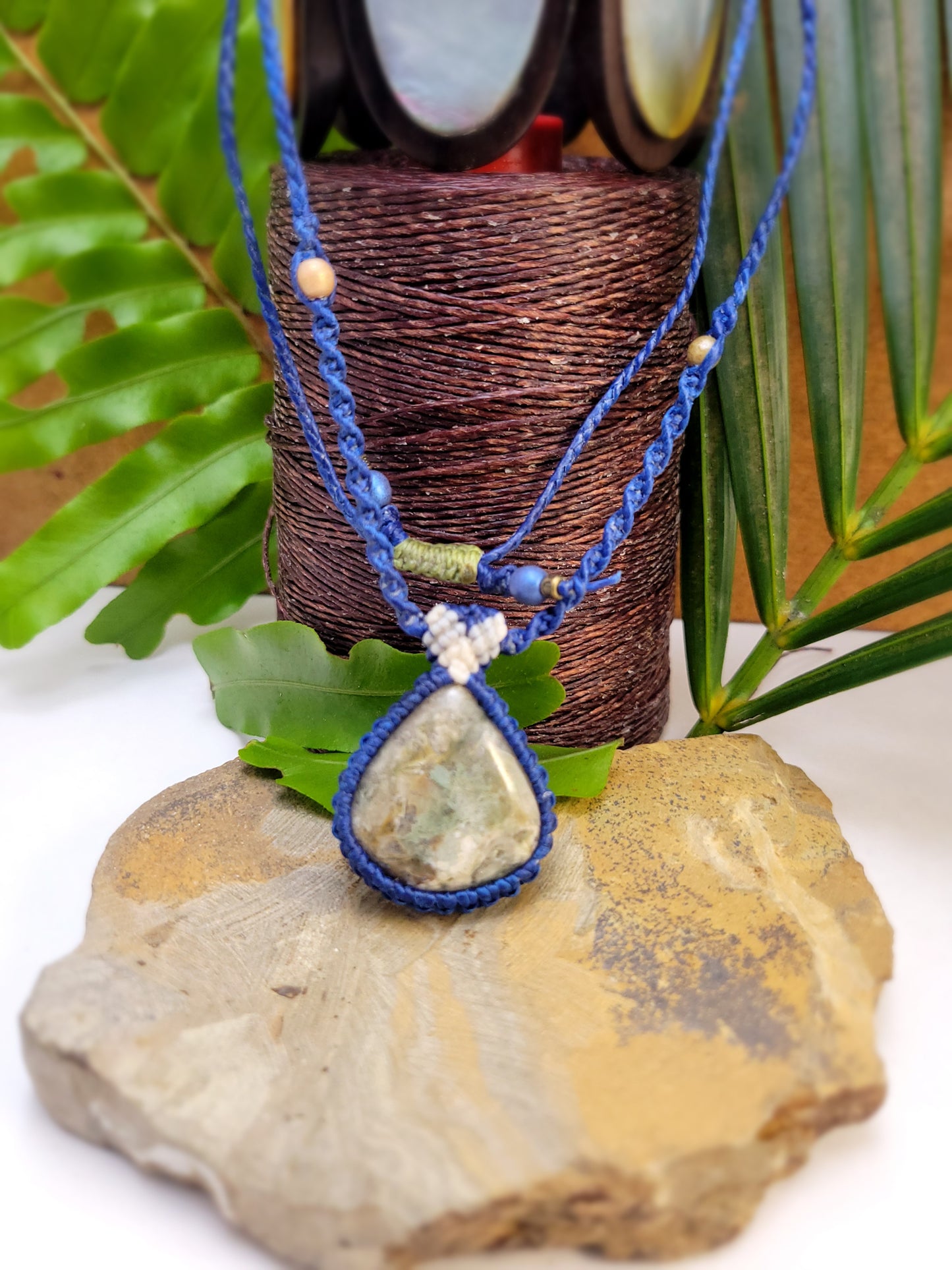 Triangular Jasper Pendant Necklace with Blue and White Macrame – Adjustable 13-Inch Length