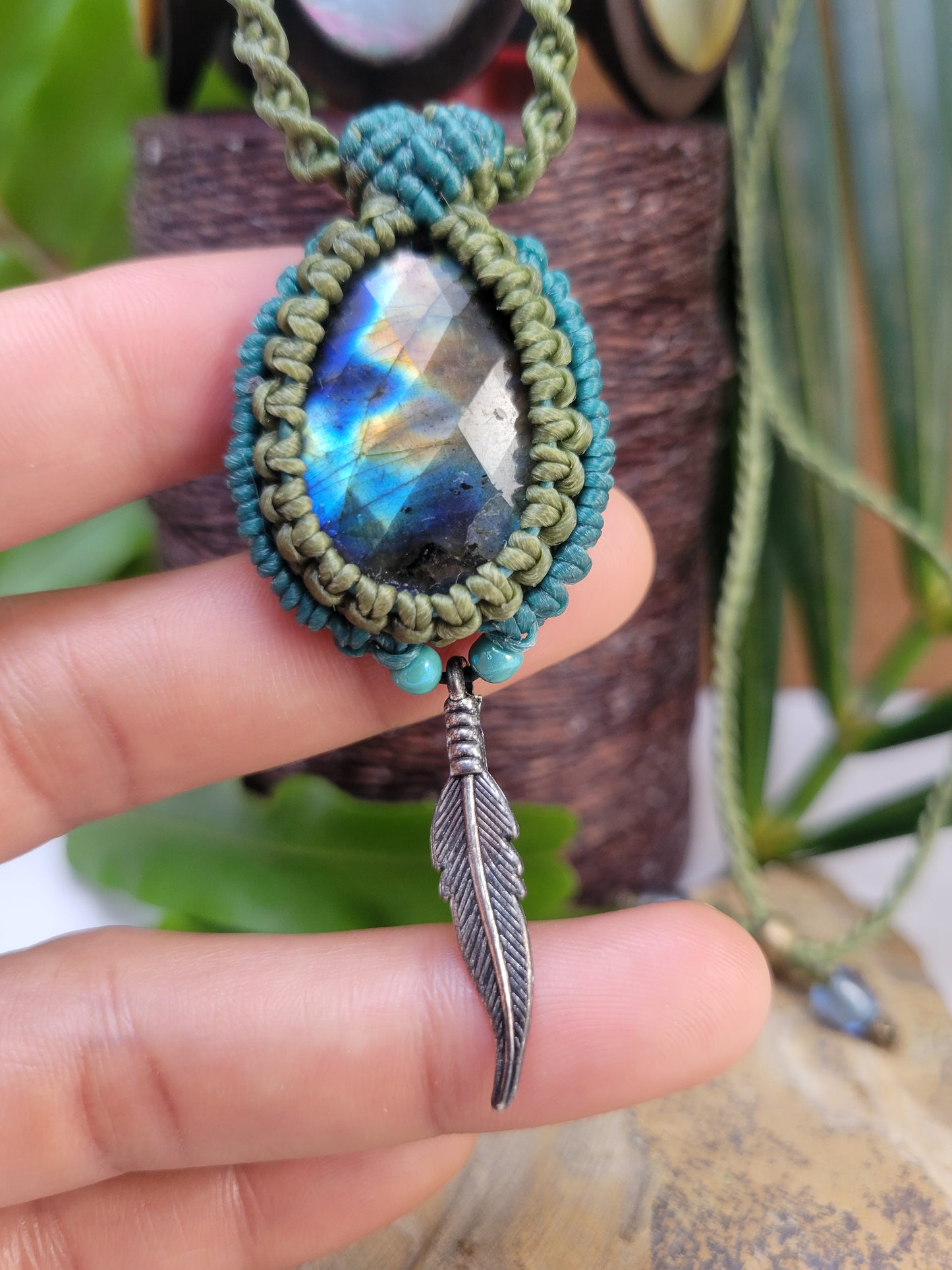 Labradorite Pendant Necklace with Olive Green and Turquoise Macrame Cord – Adjustable Length with Feather Charm