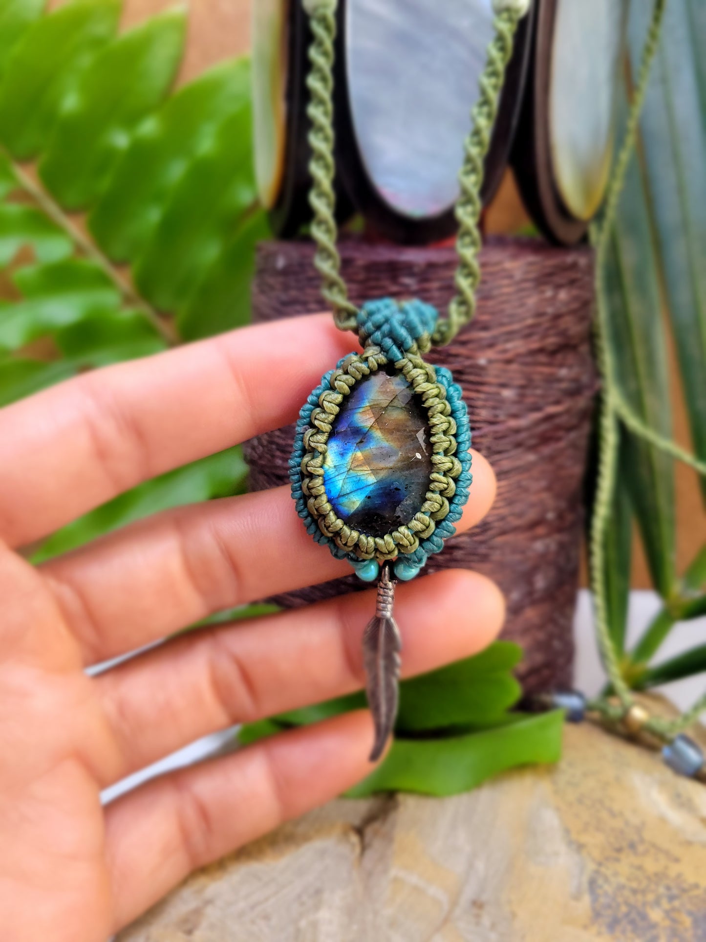 Labradorite Pendant Necklace with Olive Green and Turquoise Macrame Cord – Adjustable Length with Feather Charm