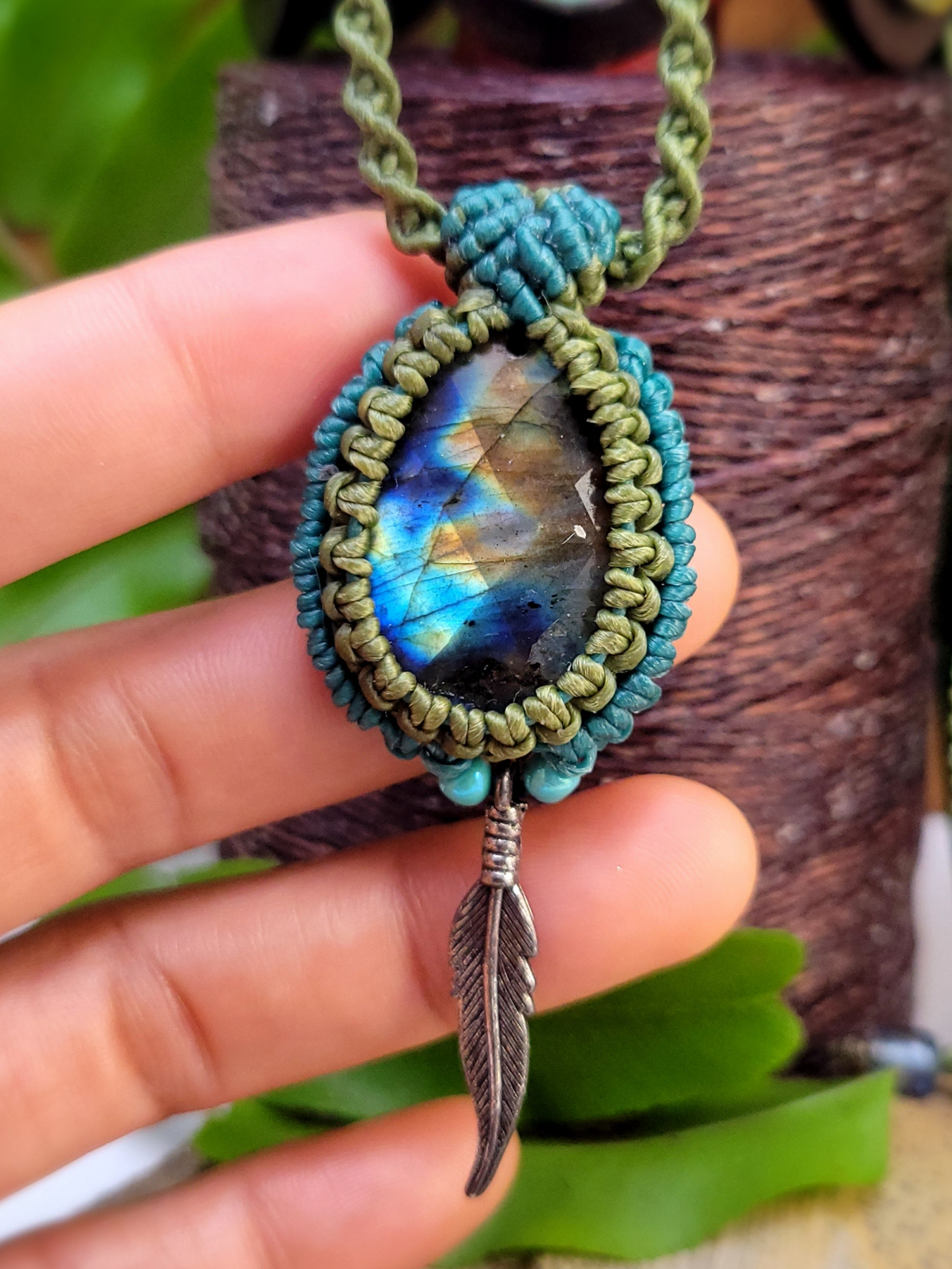 Labradorite Pendant Necklace with Olive Green and Turquoise Macrame Cord – Adjustable Length with Feather Charm