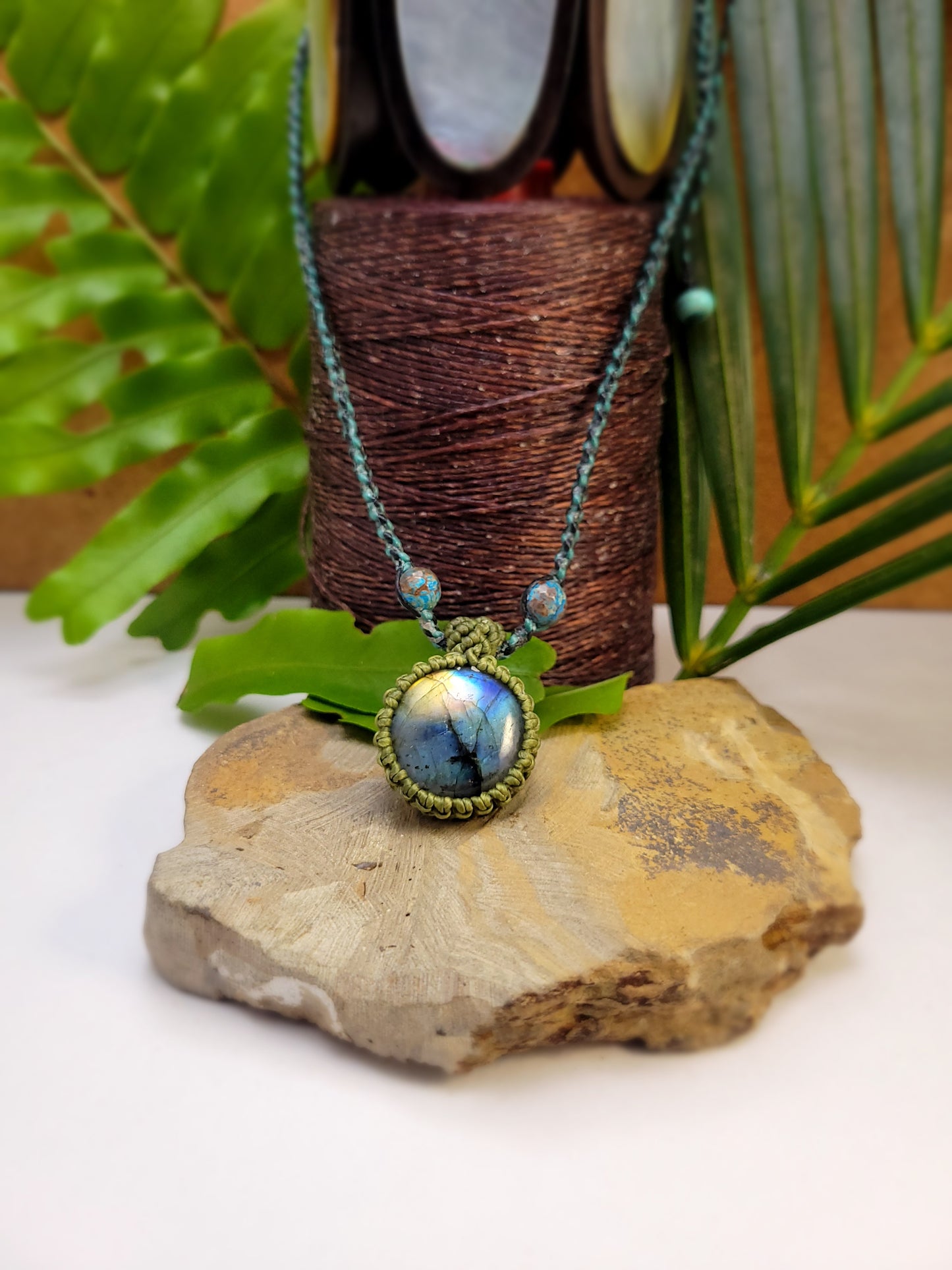 Celestial Harmony: Circular Labradorite Pendant Adorned with Blue Stone Beads