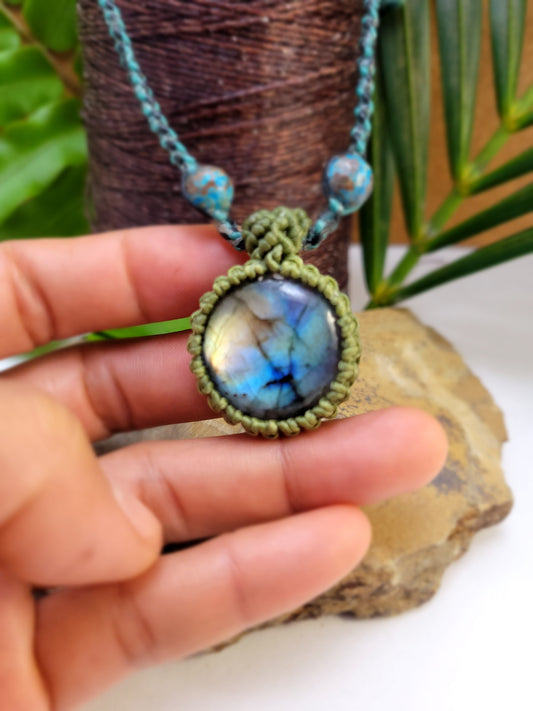 Celestial Harmony: Circular Labradorite Pendant Adorned with Blue Stone Beads