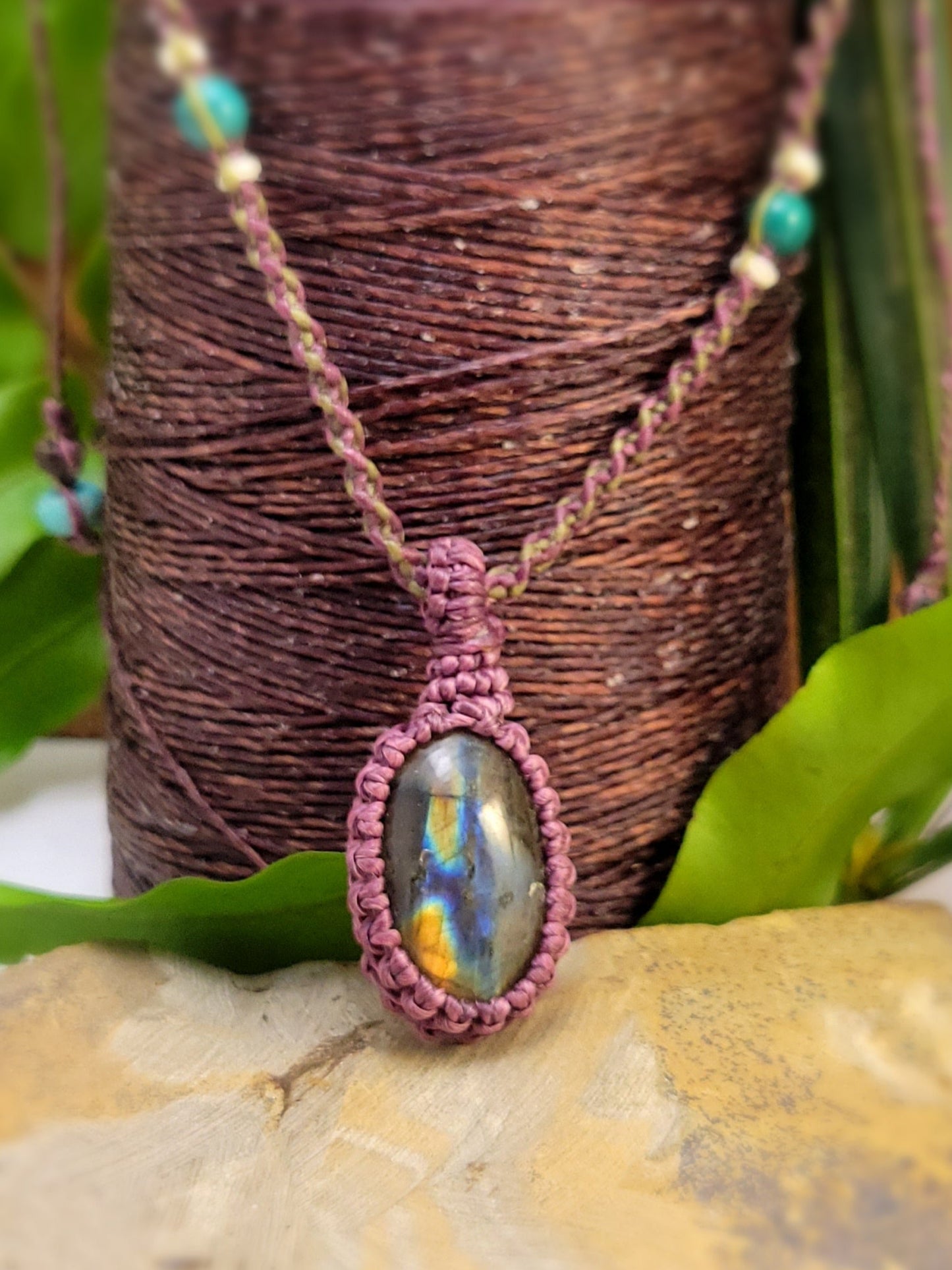 Labradorite Pendant Necklace with Purple Macrame Cord – Adjustable Length Bohemian Jewelry