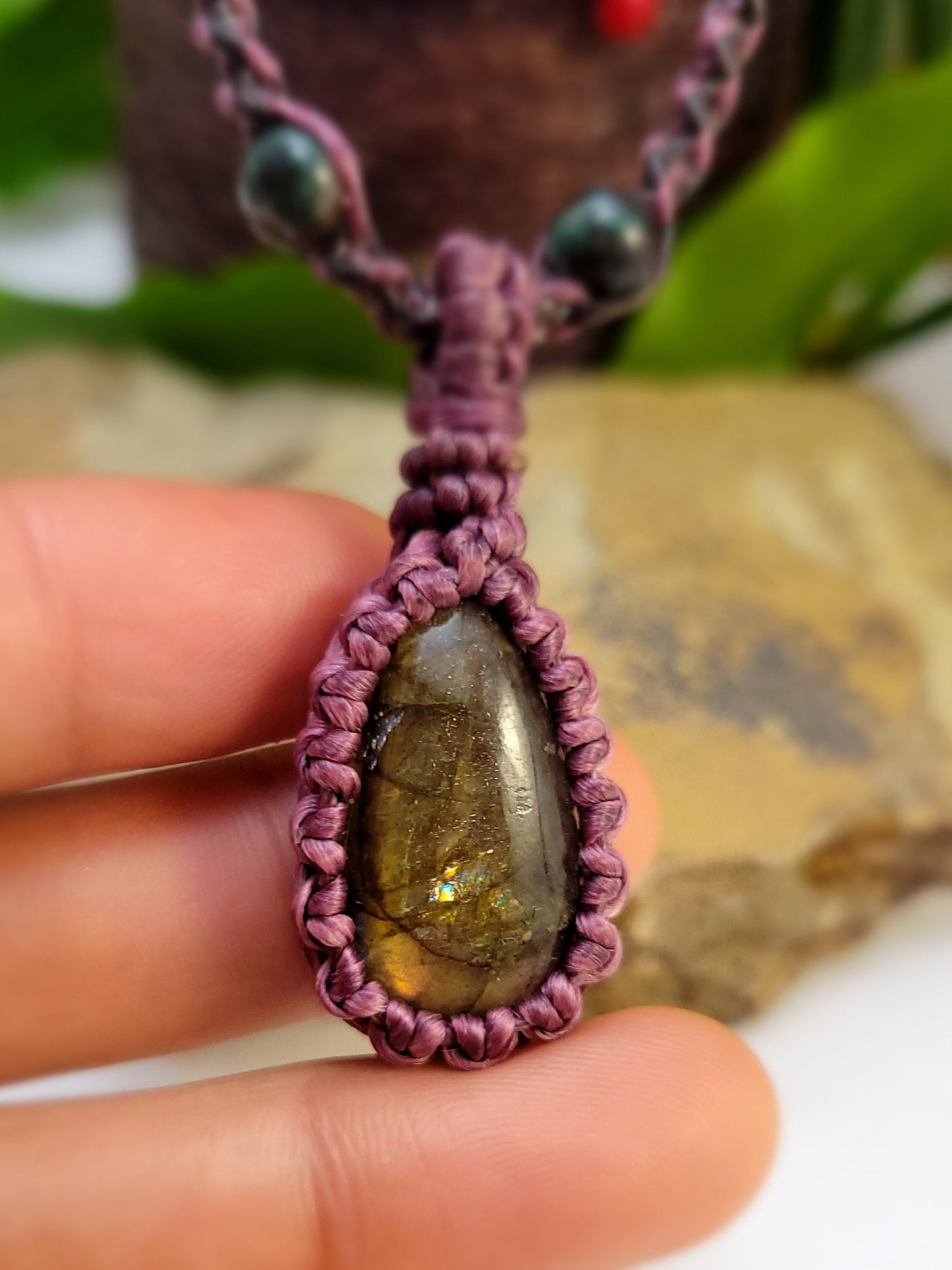 Emerald Dawn: Green Labradorite Pendant on Pink Cord with Green Stone Beads