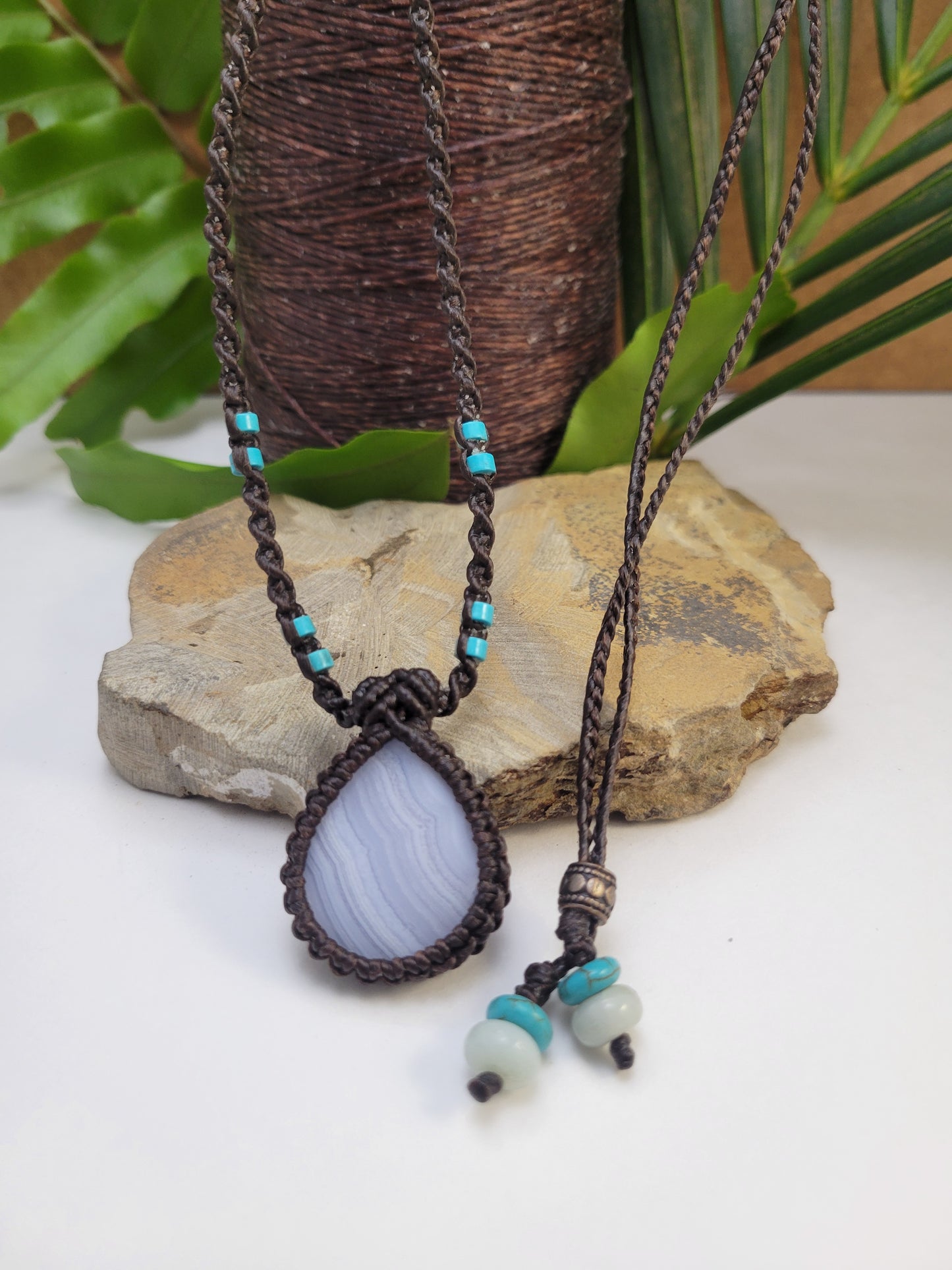 Blue Lace Agate Pendant Necklace with Stone Beads – Adjustable Black Micromacrame Design (14-21 Inches)