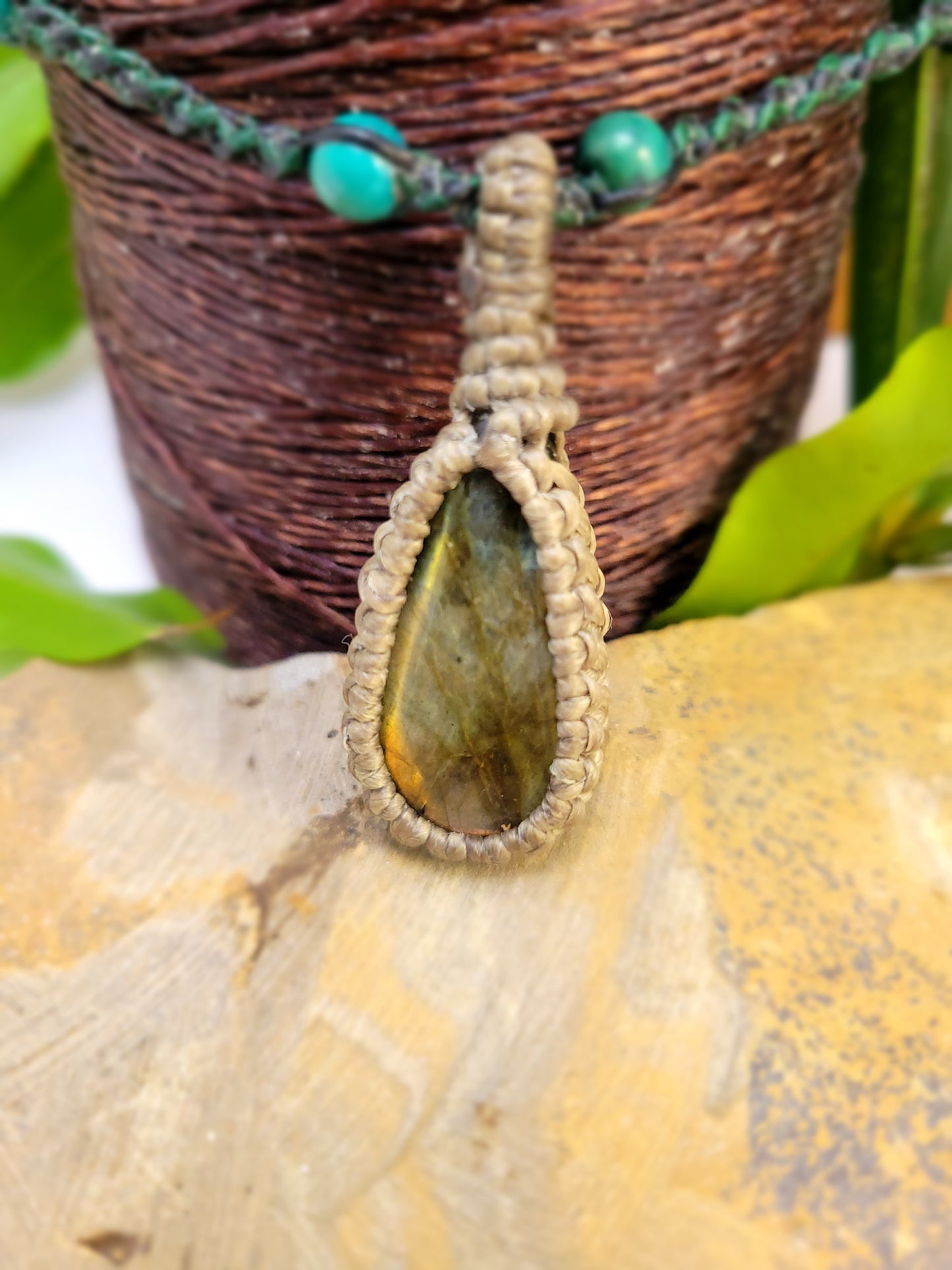 Labradorite Pendant Necklace with Beige Macrame Wrap and Black Cord – 13-Inch Adjustable Bohemian Jewelry