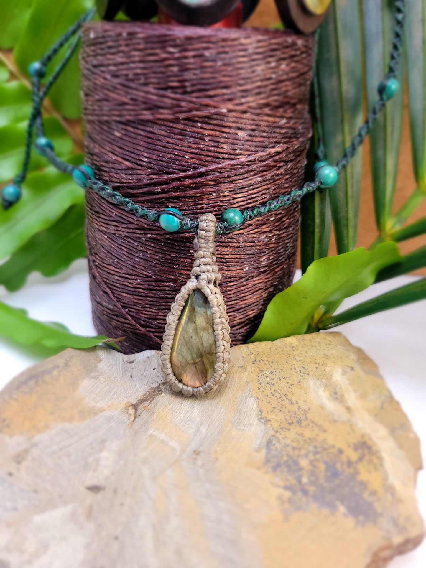 Labradorite Pendant Necklace with Beige Macrame Wrap and Black Cord – 13-Inch Adjustable Bohemian Jewelry