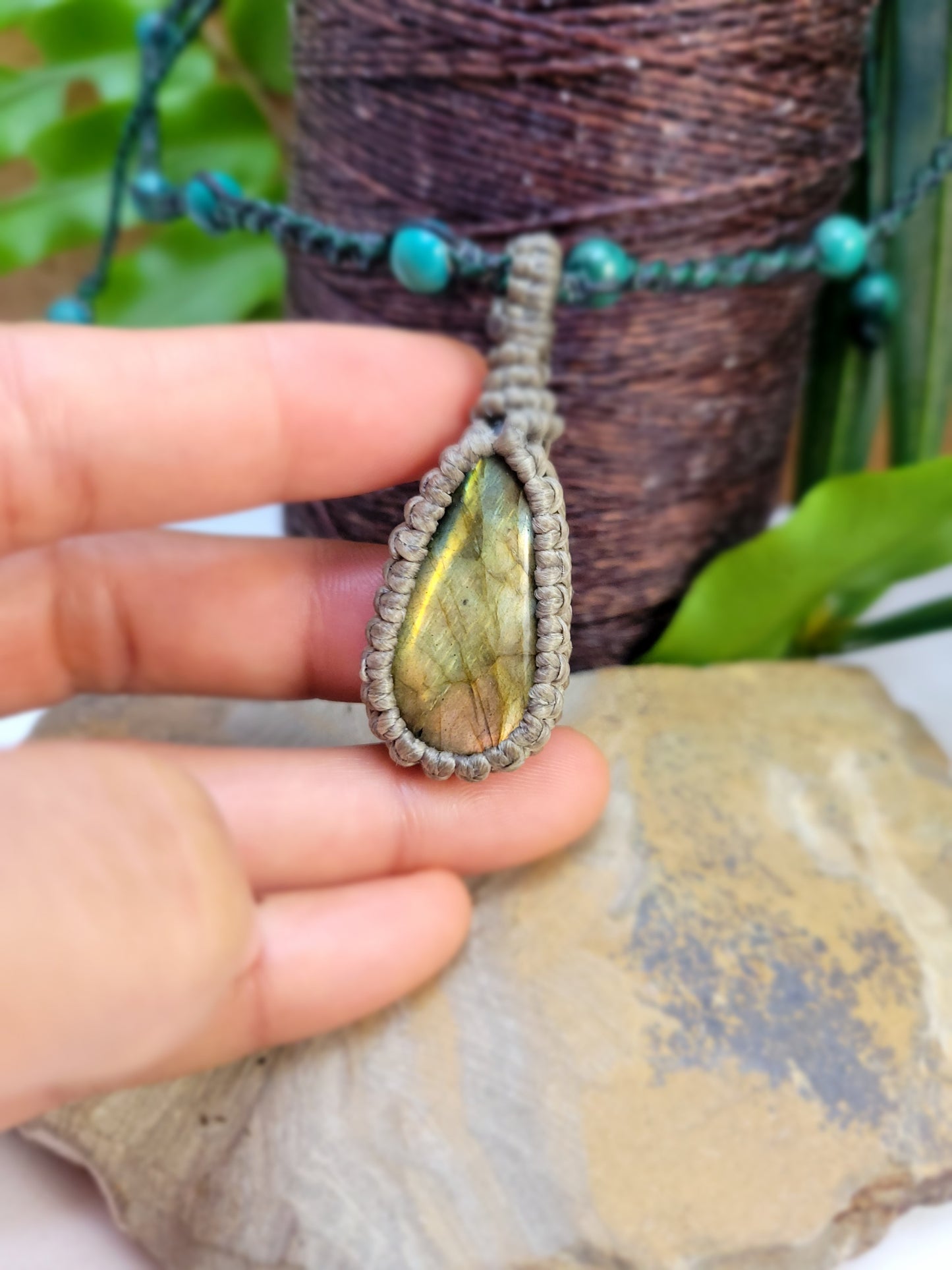 Labradorite Pendant Necklace with Beige Macrame Wrap and Black Cord – 13-Inch Adjustable Bohemian Jewelry