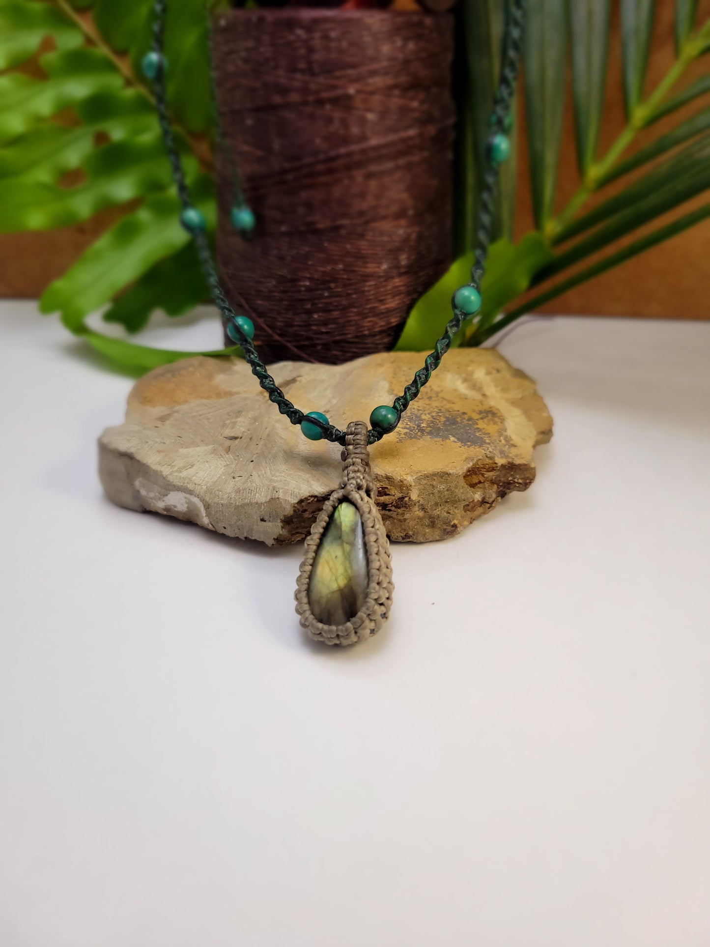 Labradorite Pendant Necklace with Beige Macrame Wrap and Black Cord – 13-Inch Adjustable Bohemian Jewelry