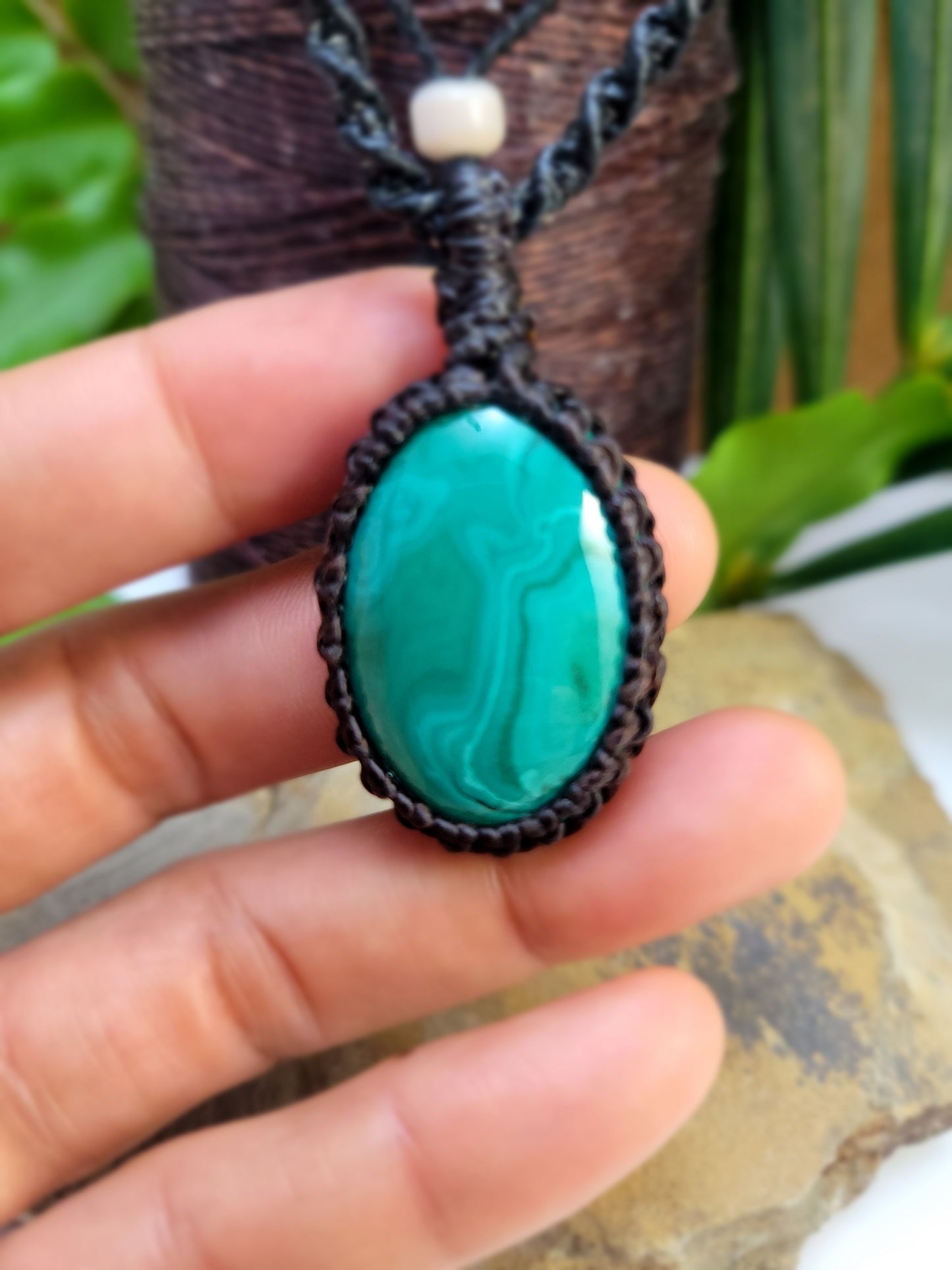 Handcrafted Malachite Pendant Necklace with Black Macrame Cord – 12-Inch Adjustable Length