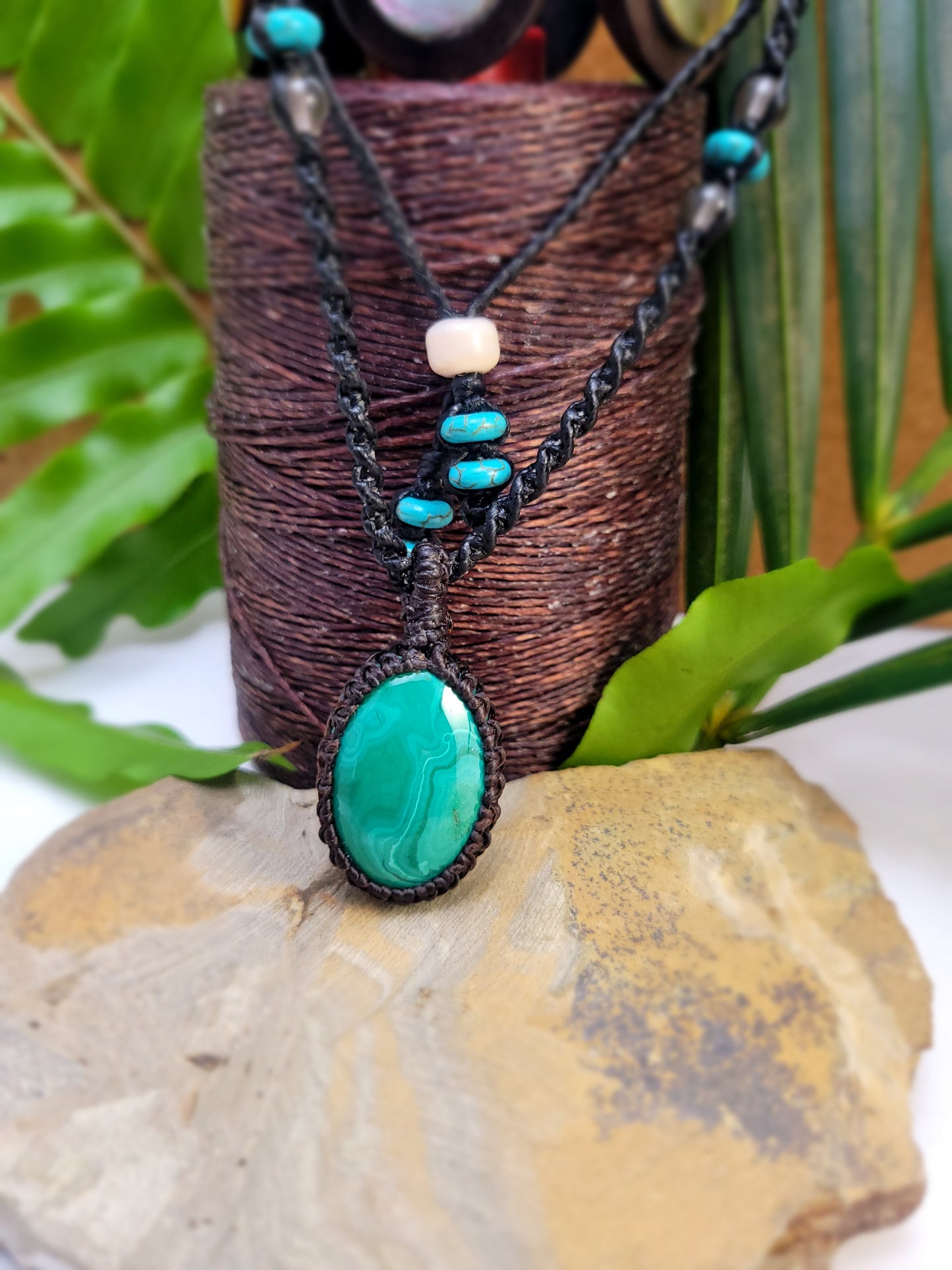 Handcrafted Malachite Pendant Necklace with Black Macrame Cord – 12-Inch Adjustable Length