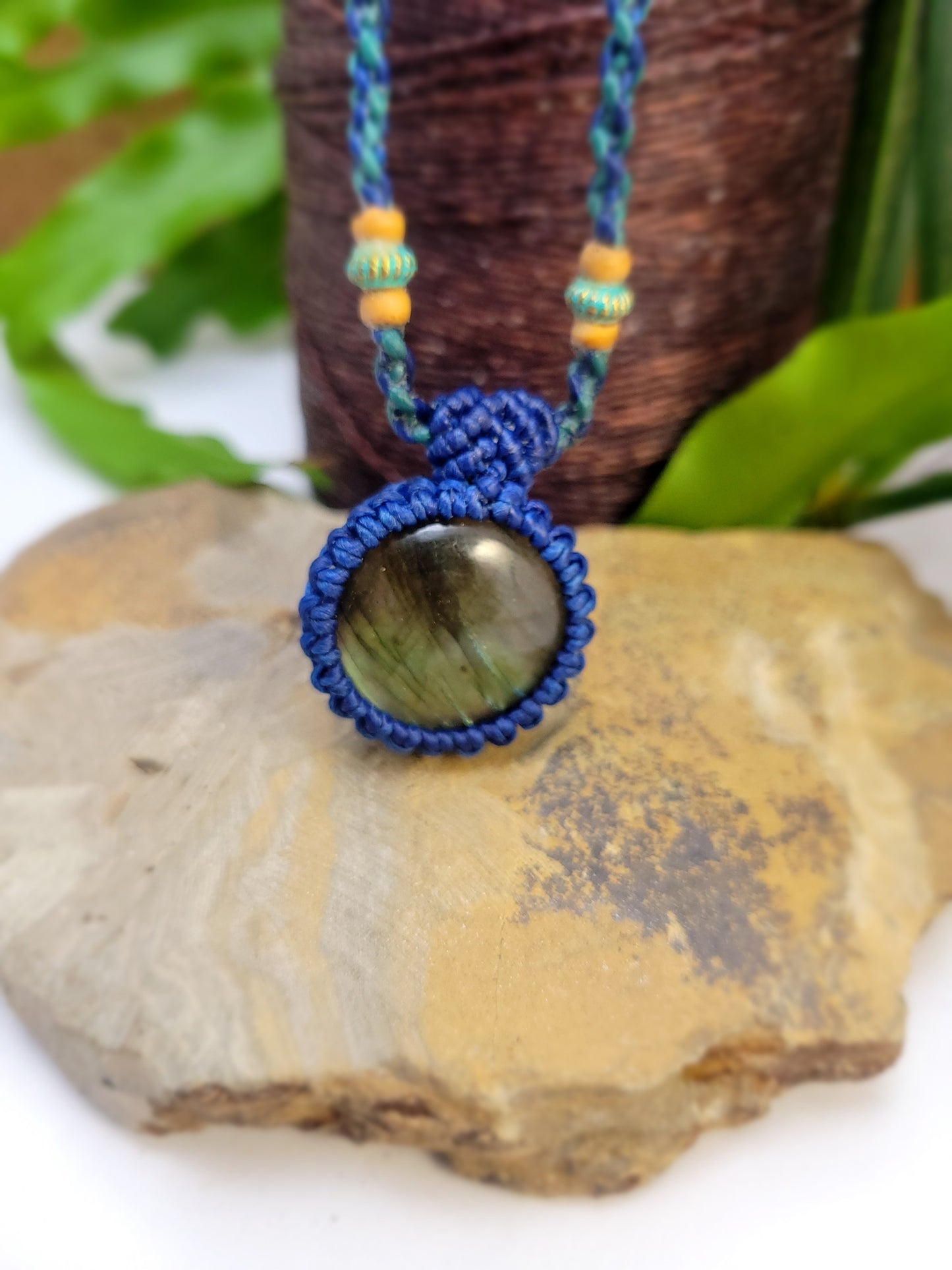 Cute Labradorite Oval Pendant Necklace with Blue Macrame – Adjustable Length Bohemian Jewelry