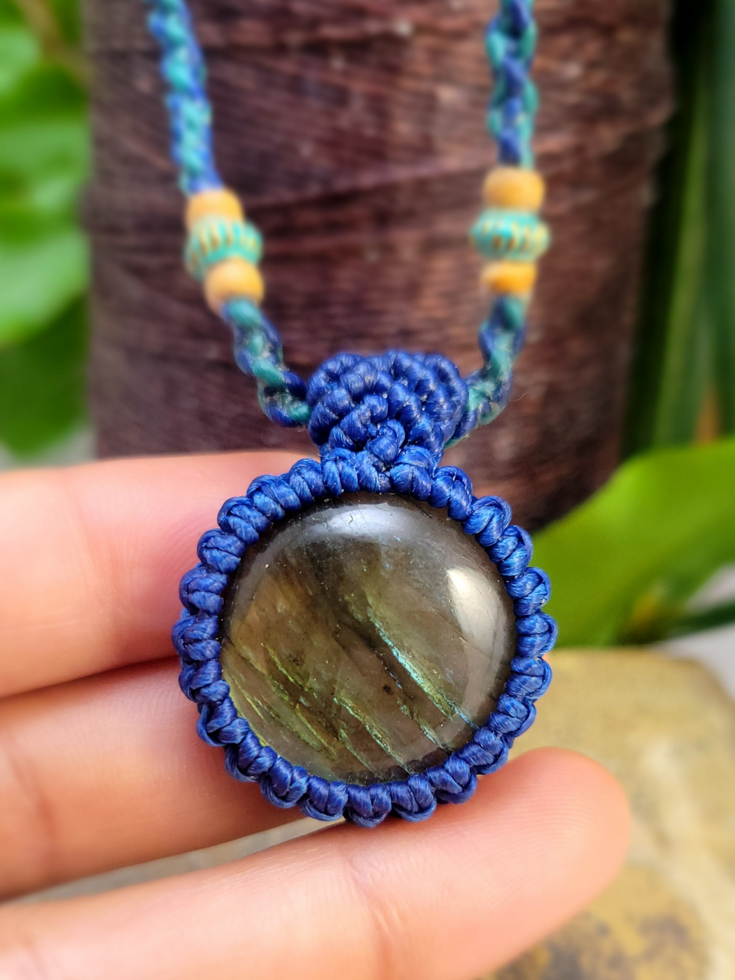 Cute Labradorite Oval Pendant Necklace with Blue Macrame – Adjustable Length Bohemian Jewelry