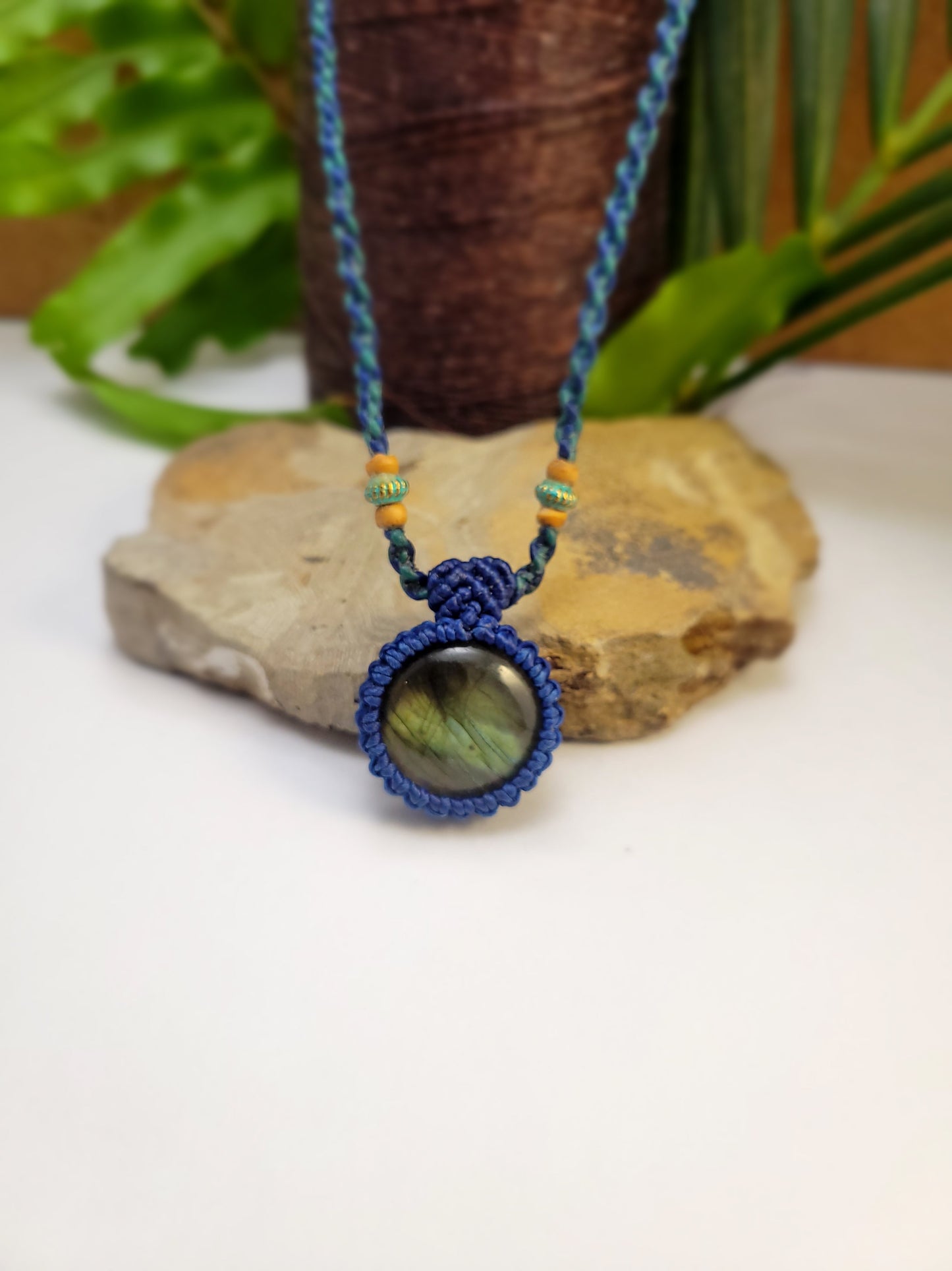 Cute Labradorite Oval Pendant Necklace with Blue Macrame – Adjustable Length Bohemian Jewelry