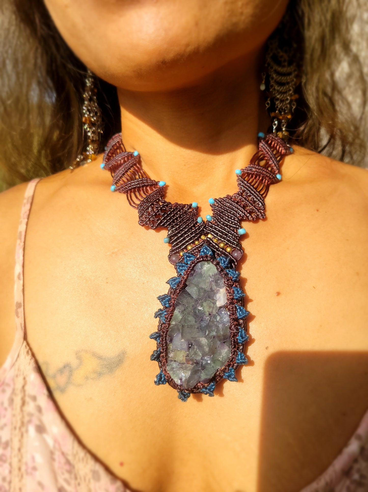 Raw fluorite geode pendant necklace