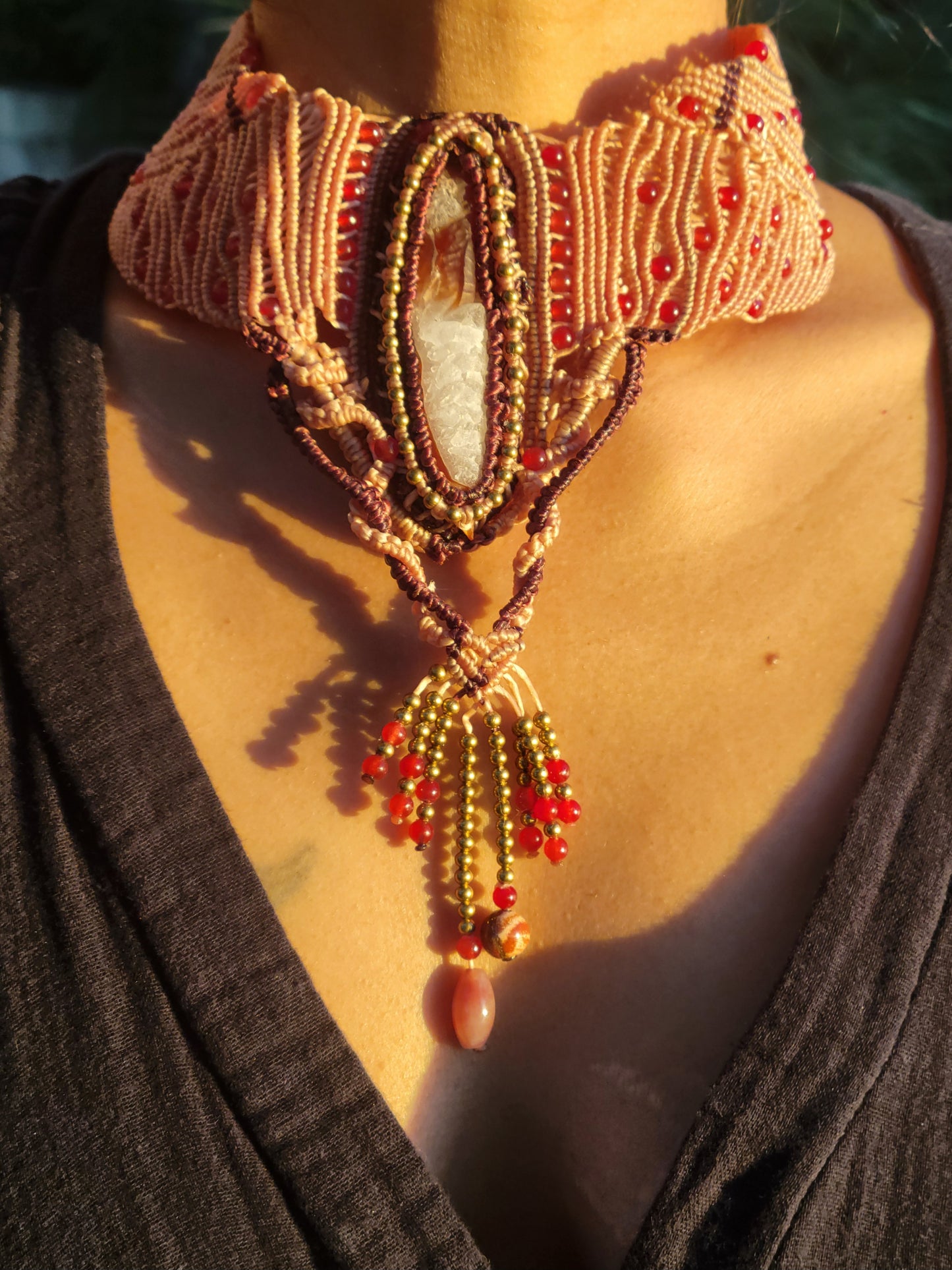 Intricate Macramé Choker – Gobi Desert Sardonyx Red Agate Geode Pendant with Brass & Agate Beads