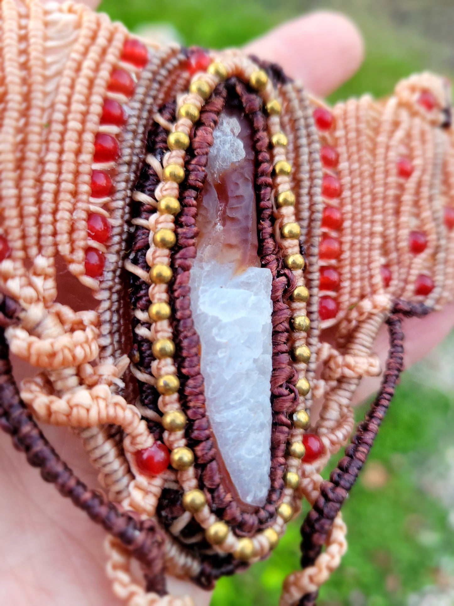 Intricate Macramé Choker – Gobi Desert Sardonyx Red Agate Geode Pendant with Brass & Agate Beads