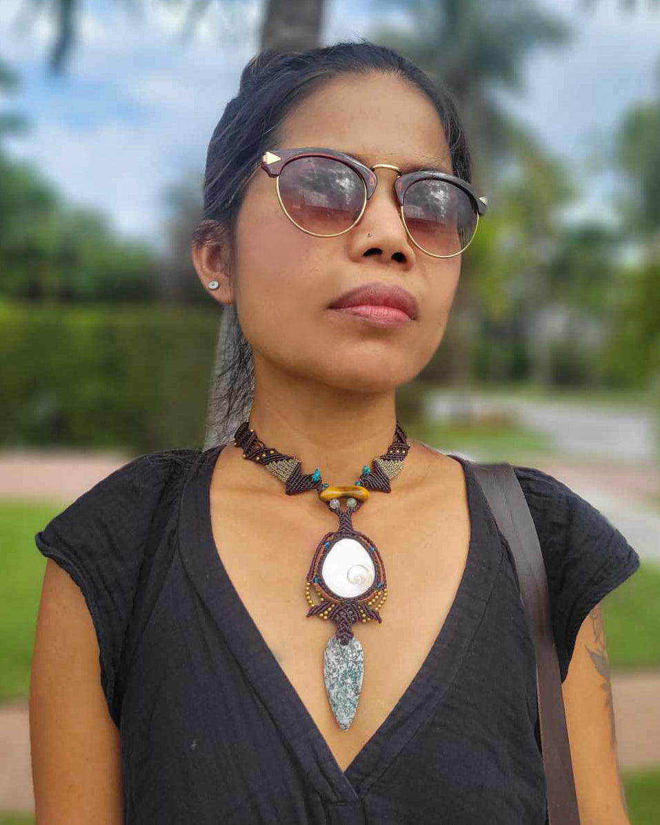 Dual Pendant Necklace – Snail Operculum, Tree Agate & Tiger’s Eye with Micromacrame Design