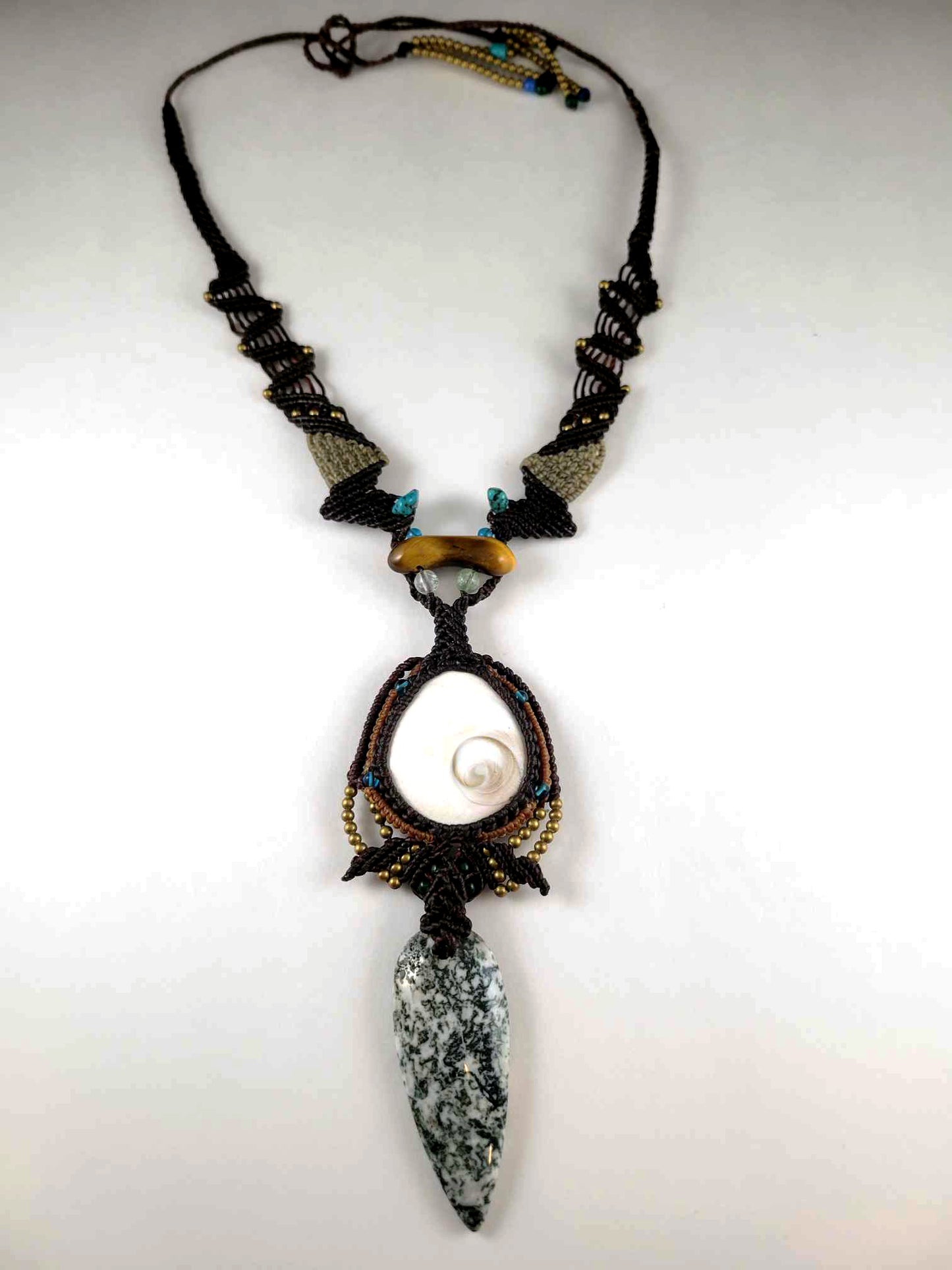 Dual Pendant Necklace – Snail Operculum, Tree Agate & Tiger’s Eye with Micromacrame Design