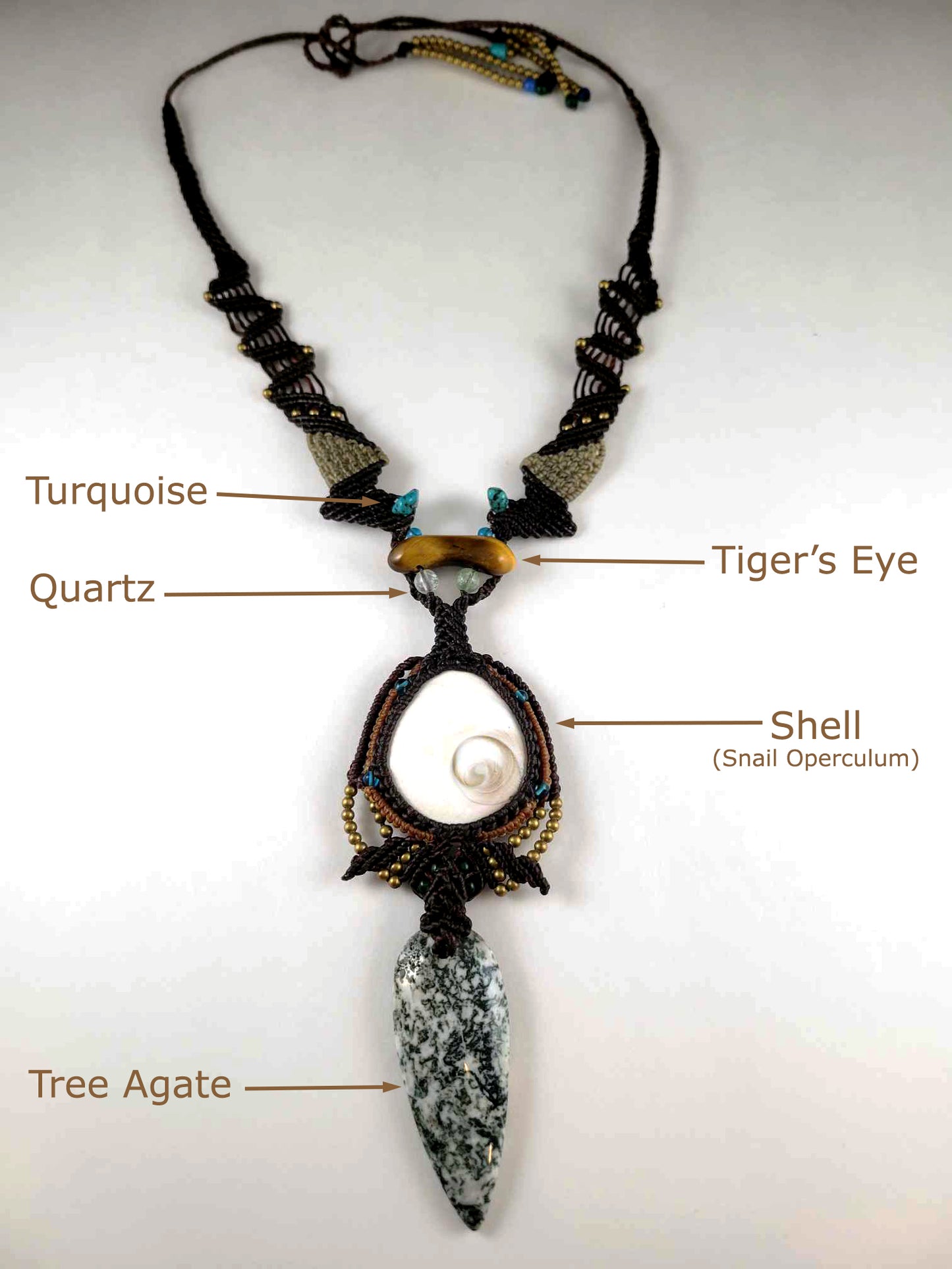 Dual Pendant Necklace – Snail Operculum, Tree Agate & Tiger’s Eye with Micromacrame Design