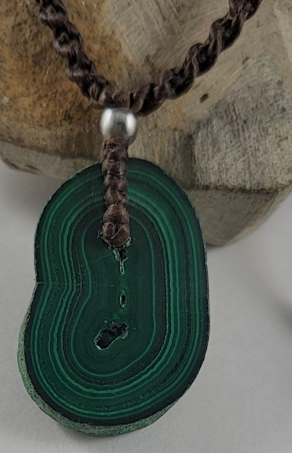 Natural Malachite Stalactite Slice Pendant Necklace – 13-Inch Dark Brown Macrame Cord with Toggle Clasp