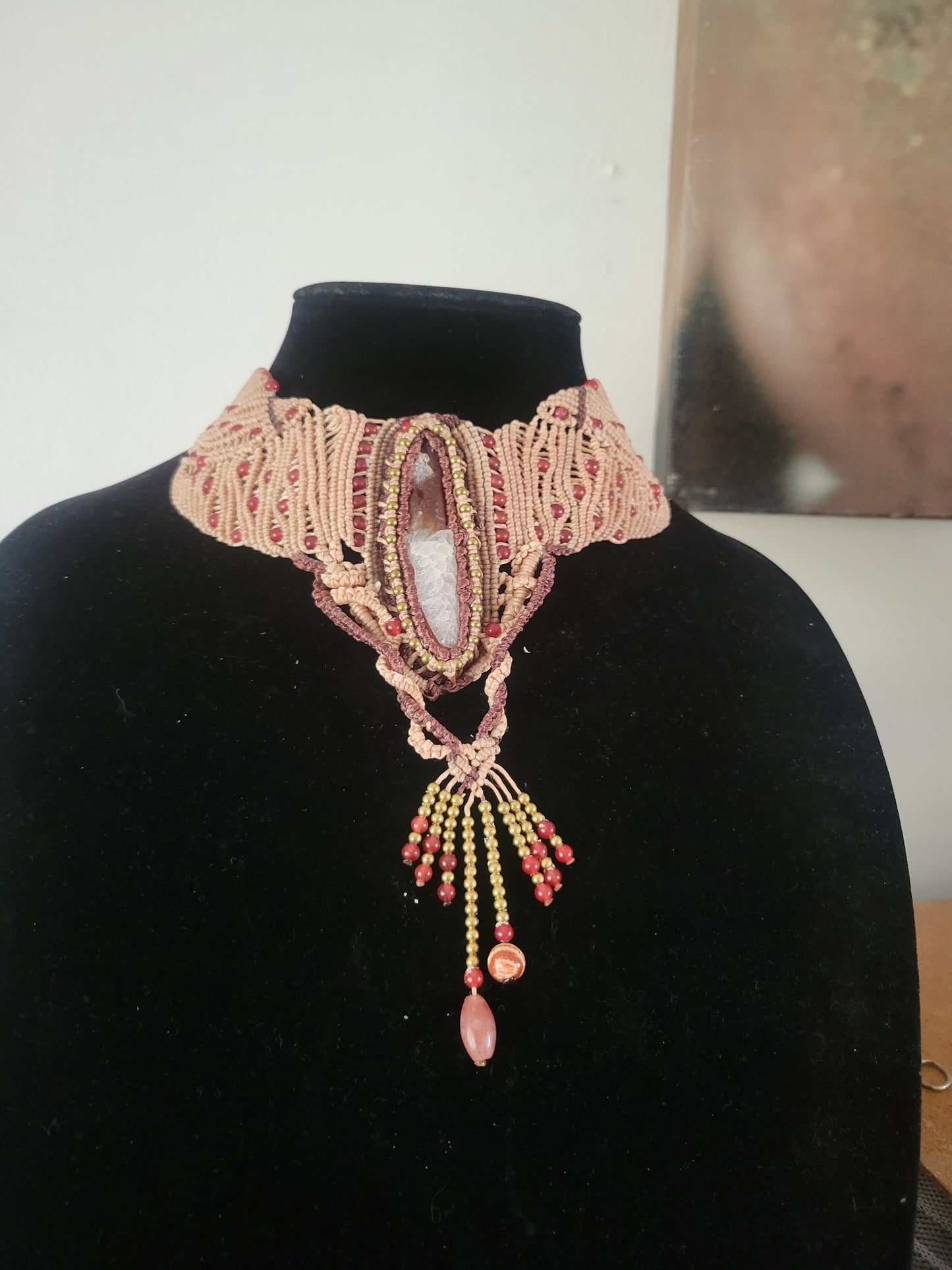 Intricate Macramé Choker – Gobi Desert Sardonyx Red Agate Geode Pendant with Brass & Agate Beads