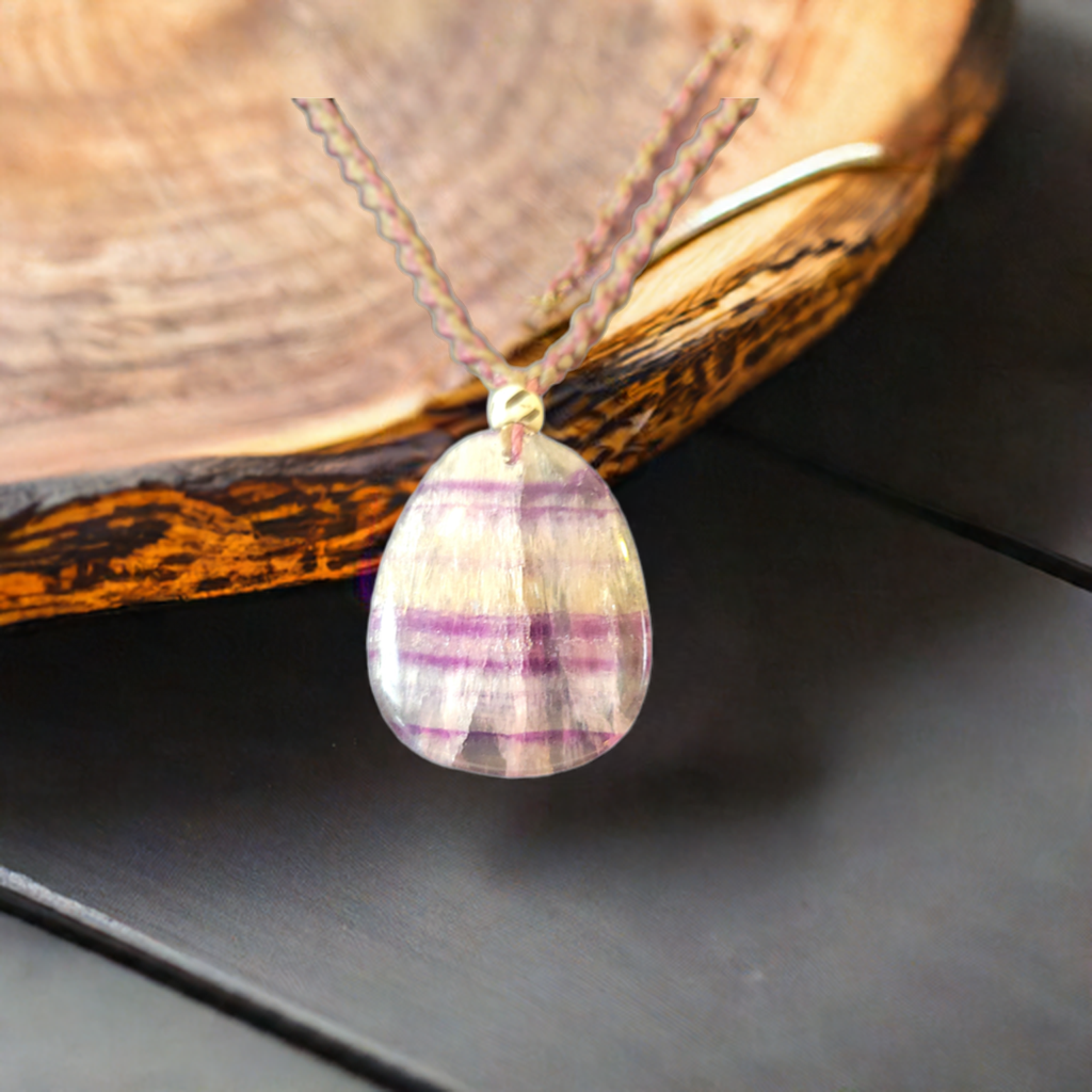 Banded Fluorite Pendant Necklace - Purple & Pink Hues with Glass Bead Accents