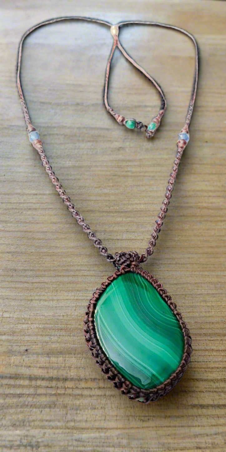 Malachite Stone Pendant Necklace - Adjustable Waxed Cord - Stone of Balance & Abundance - Boho Hippie Jewelry