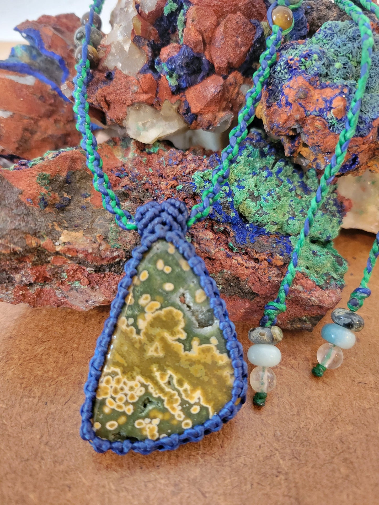 Green Ocean Jasper Trapezoidal Pendant Necklace – Blue & Turquoise Micromacrame Design