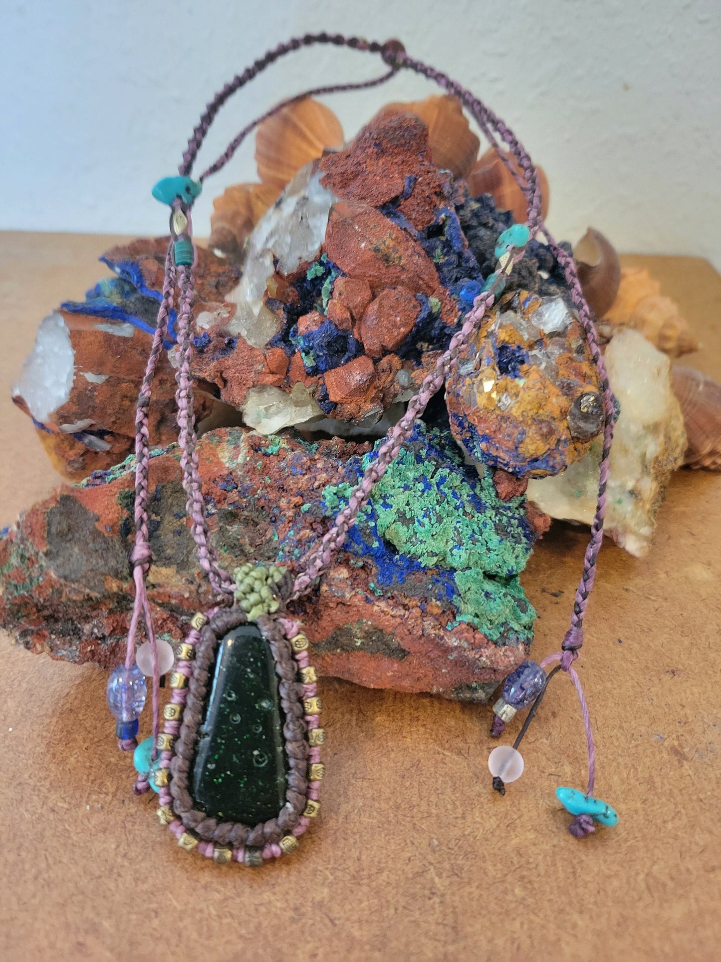 Green Goldstone Pendant in Earth Tones with Antique Brass Beads