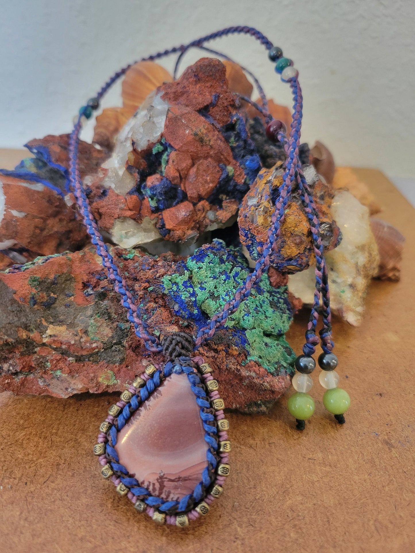 Apache Jasper Pendant on Blue & Purple Spiral Braided Necklace"