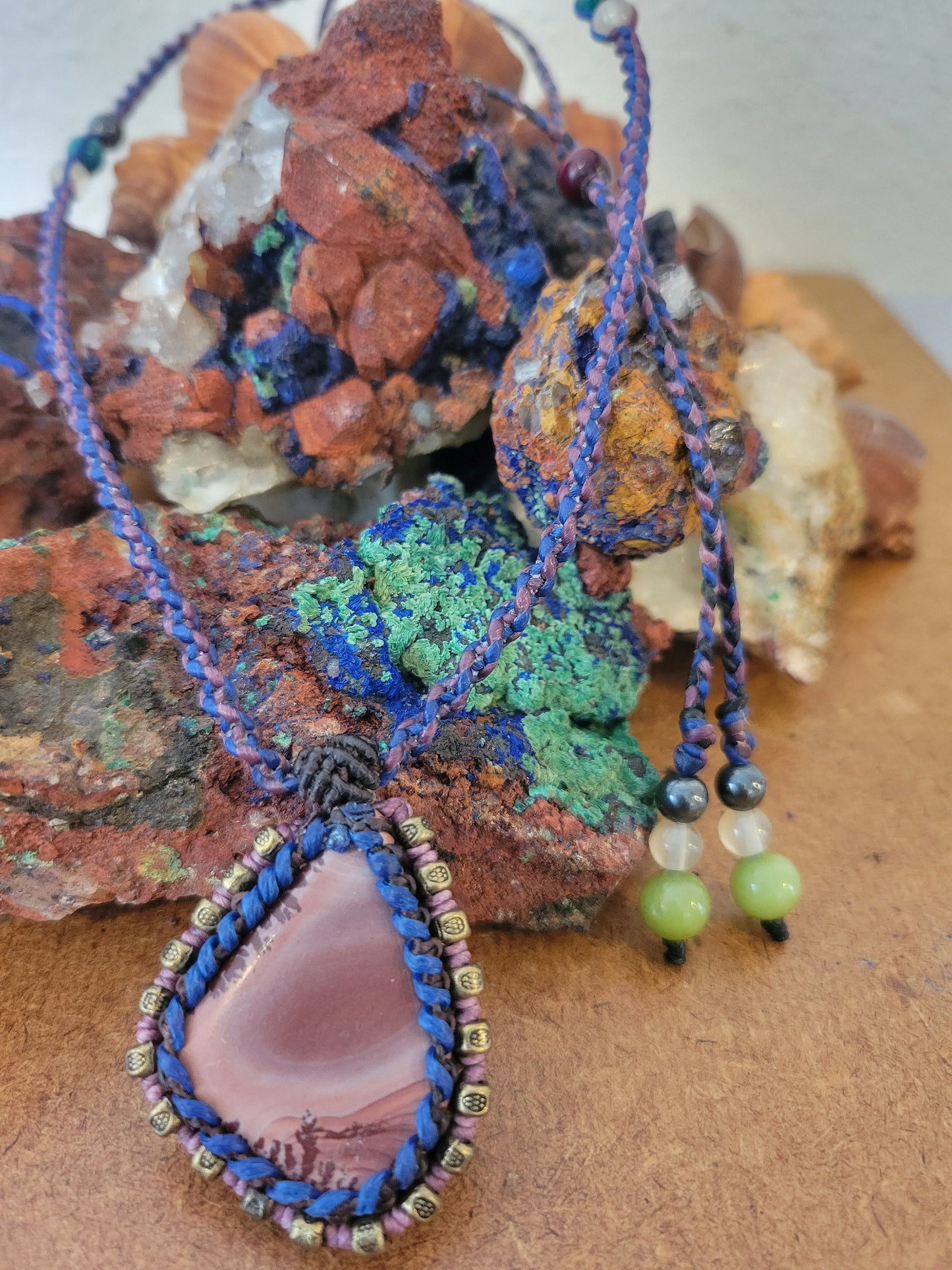 Apache Jasper Pendant on Blue & Purple Spiral Braided Necklace"