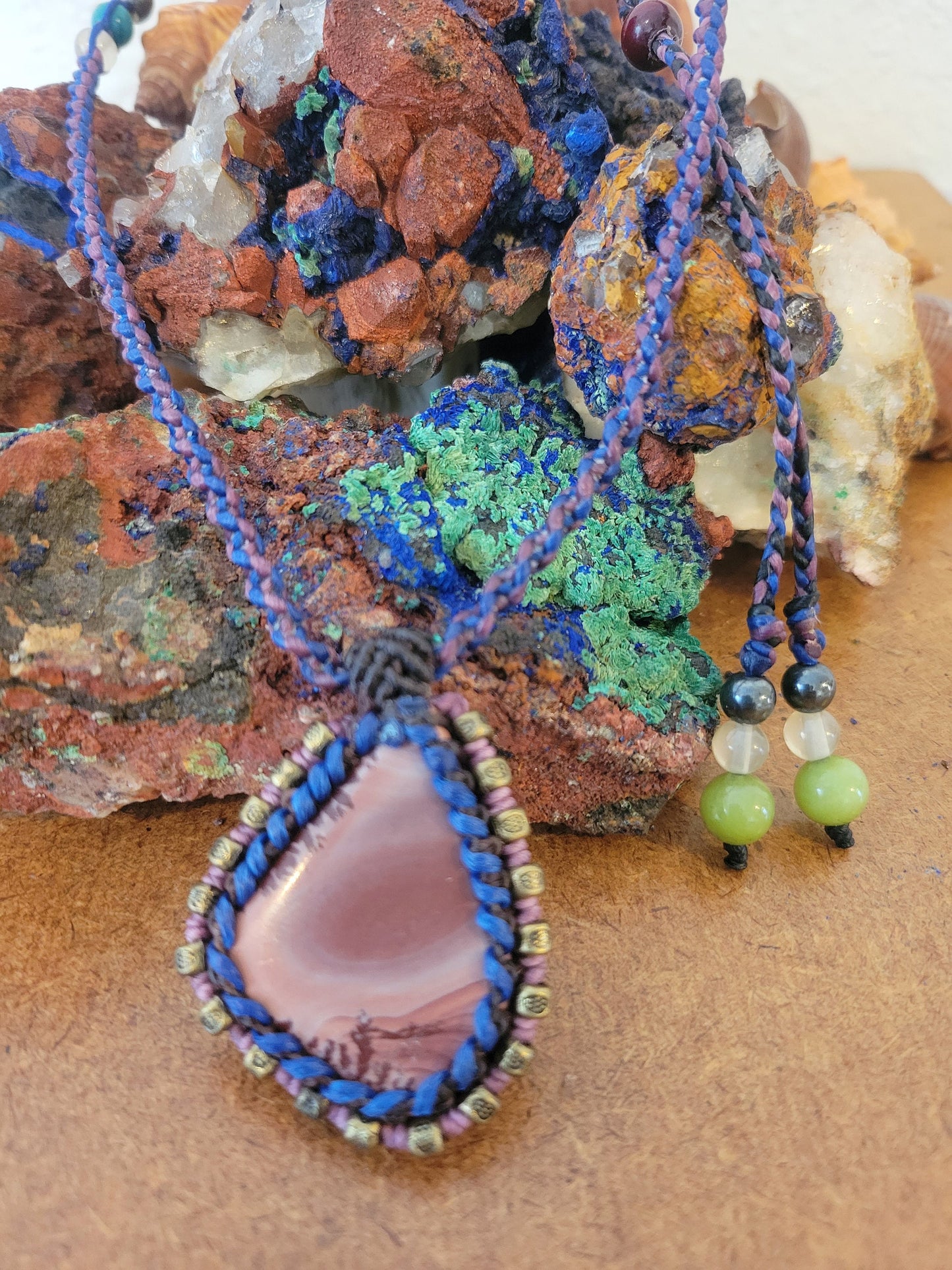 Apache Jasper Pendant on Blue & Purple Spiral Braided Necklace"