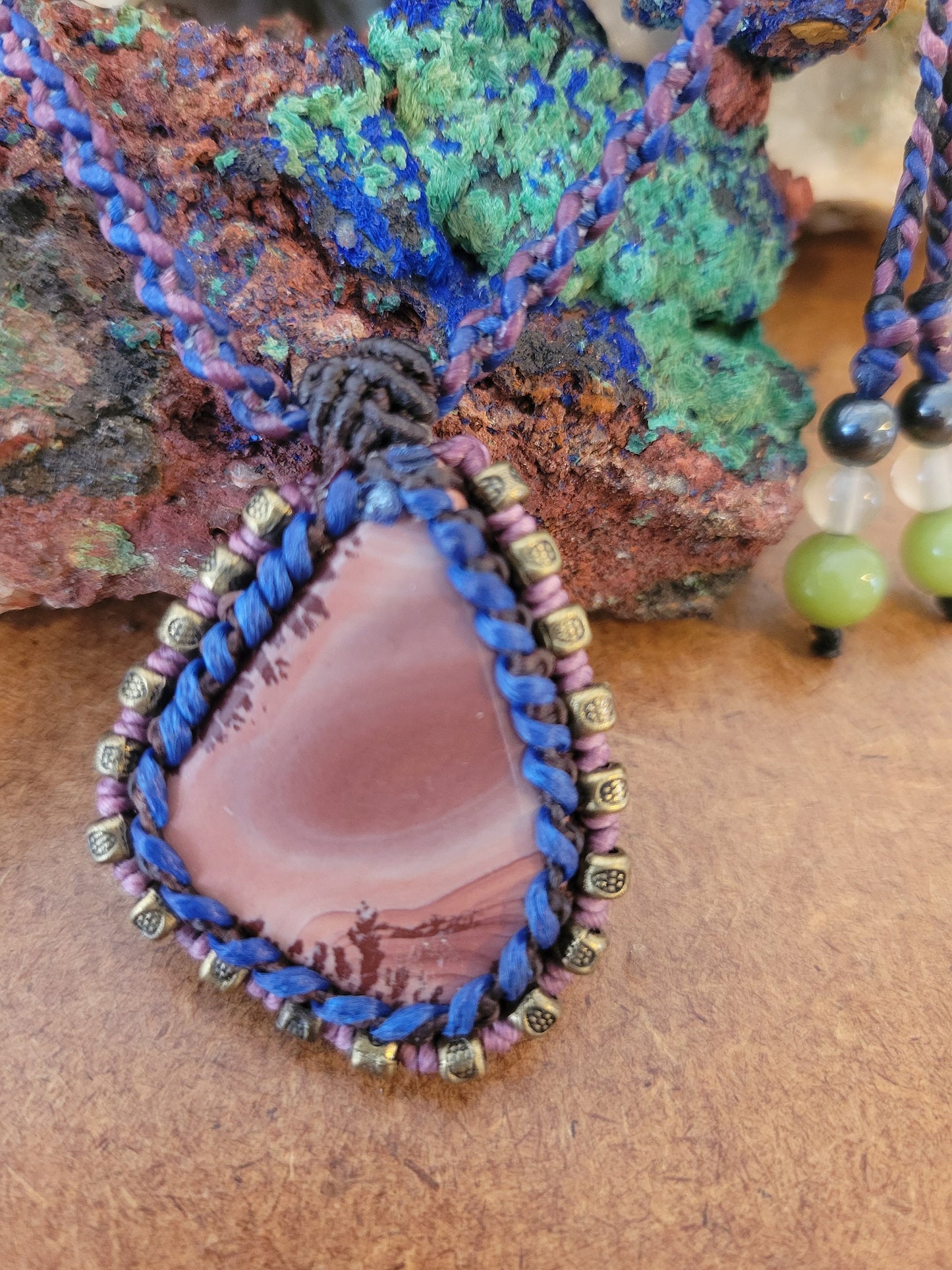 Apache Jasper Pendant on Blue & Purple Spiral Braided Necklace"