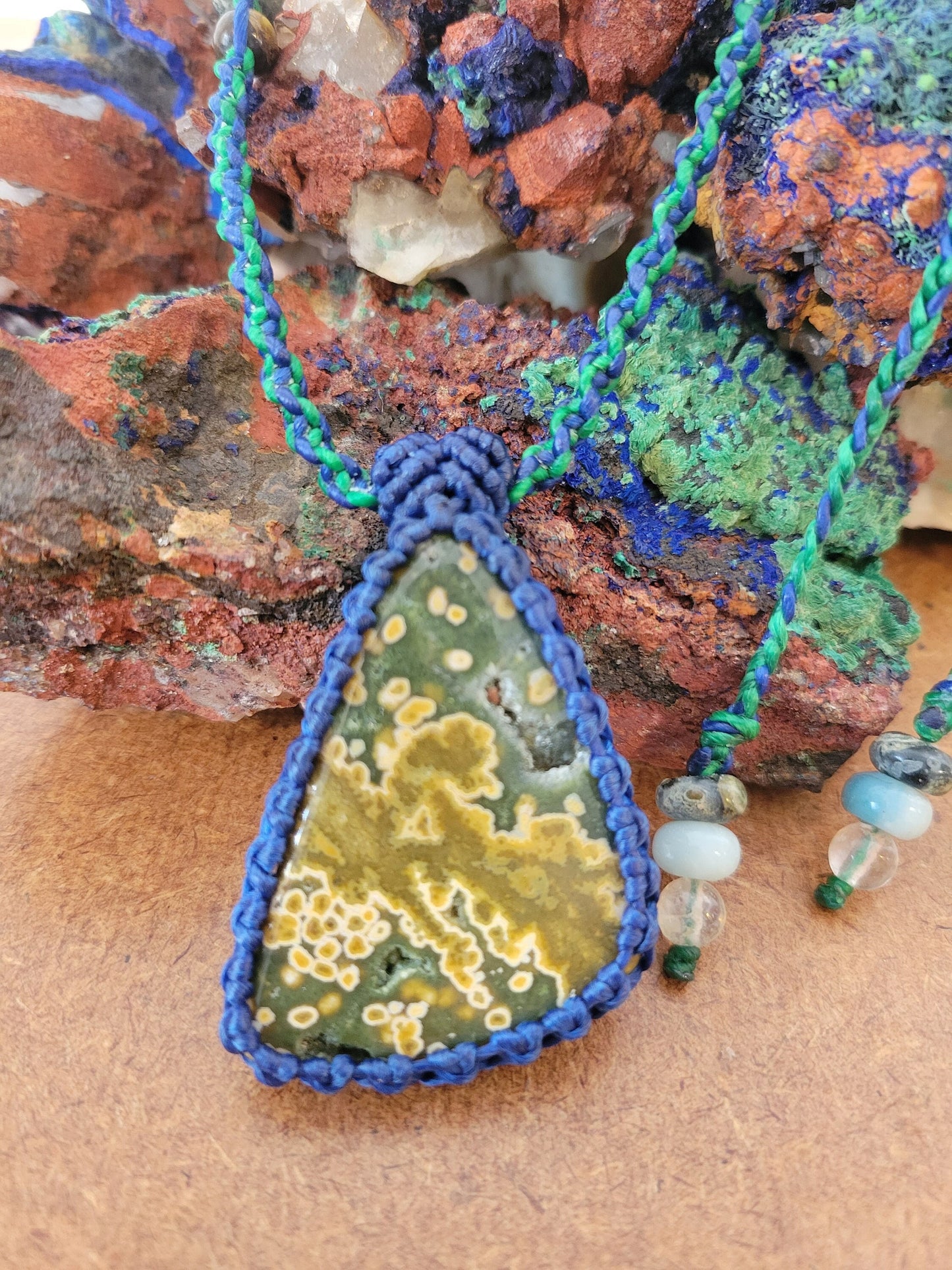 Green Ocean Jasper Trapezoidal Pendant Necklace – Blue & Turquoise Micromacrame Design