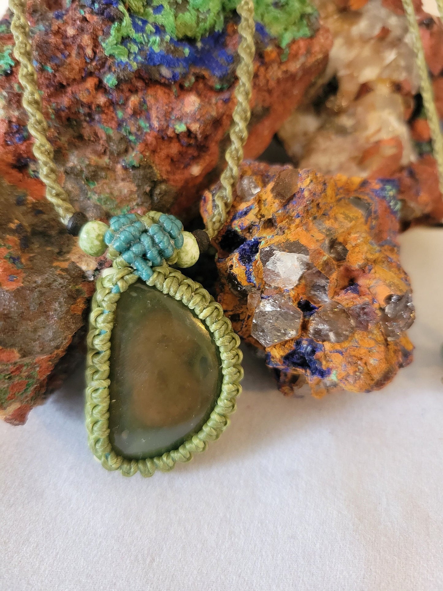 Rhyolite Stone Pendant Necklace – Minimalist Micromacrame Design