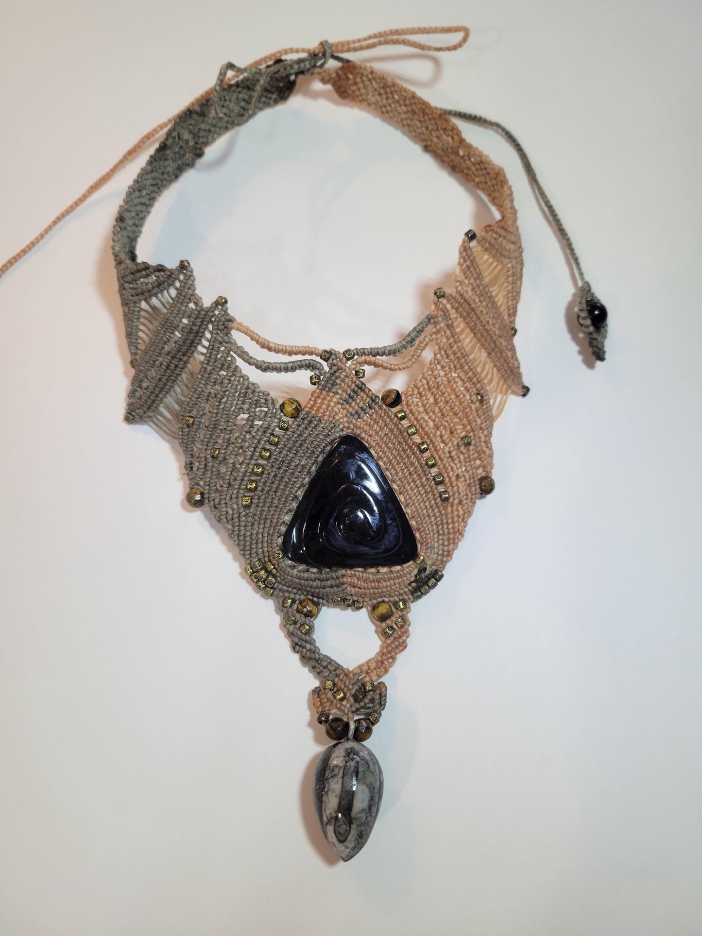 Dual Pendant Black Obsidian & Fossil Orthoceras Choker – Two-Toned Micromacrame Necklace