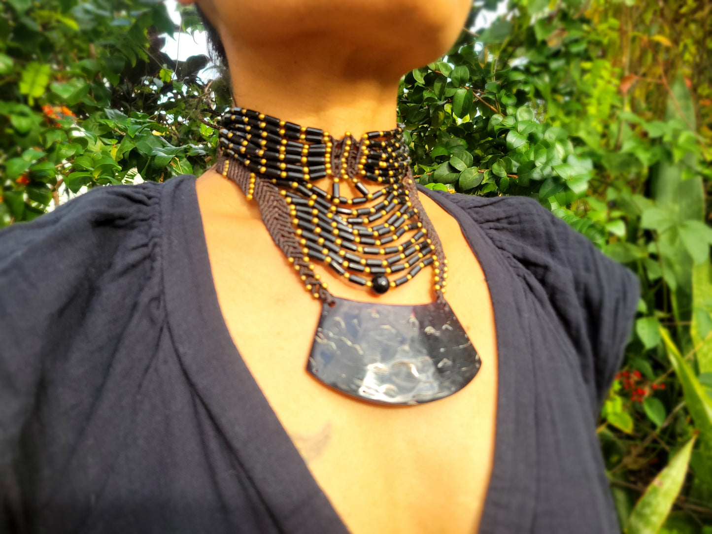 Bold Black Choker with Horn Pendant and African Beads – Adjustable Statement Necklace