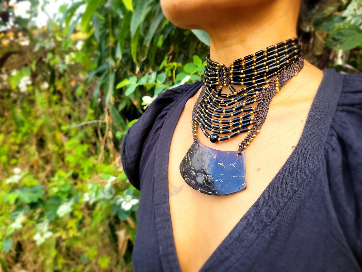 Bold Black Choker with Horn Pendant and African Beads – Adjustable Statement Necklace