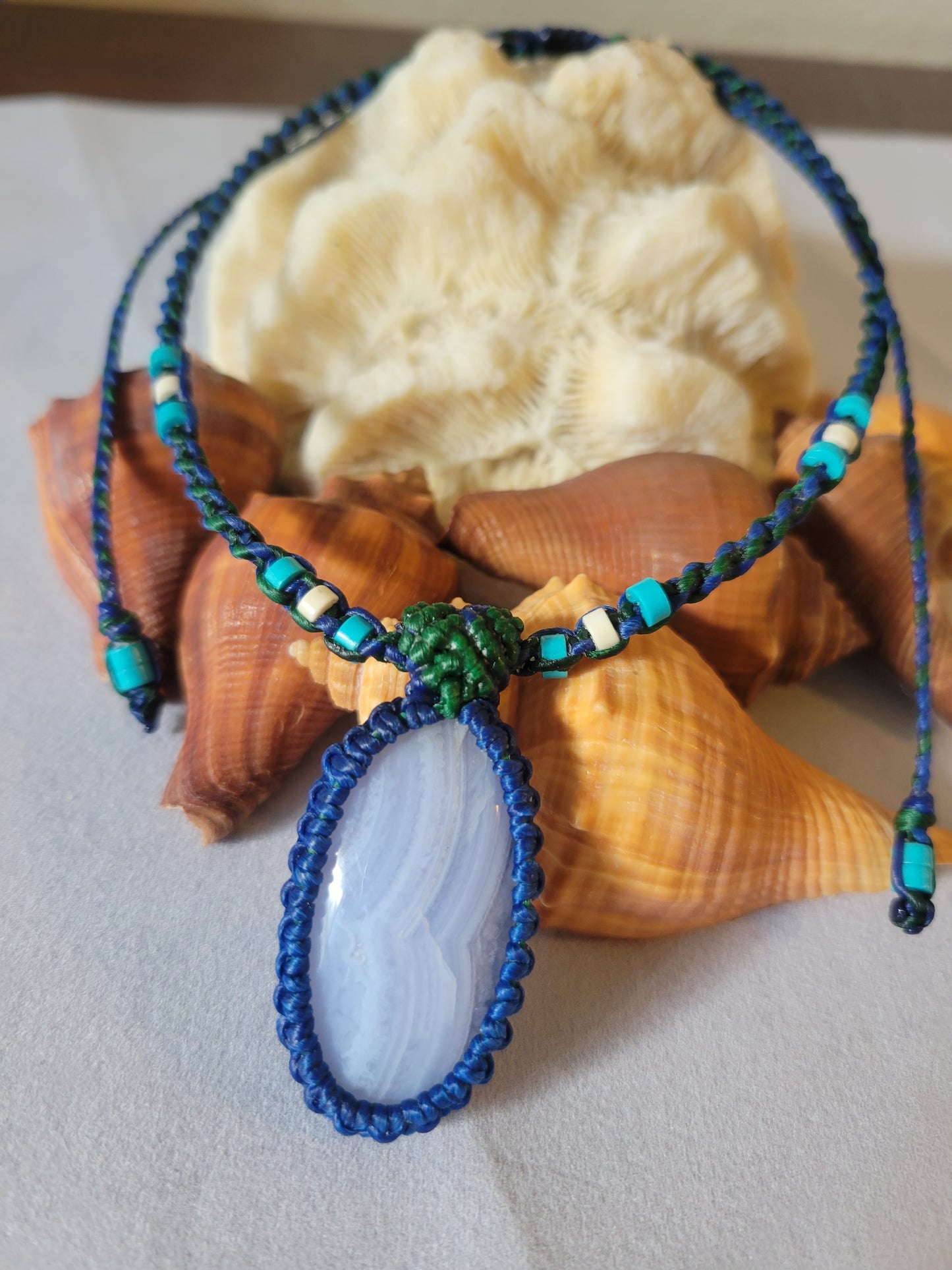 Blue Lace Agate Pendant with Beaded Waxed Cotton Cord