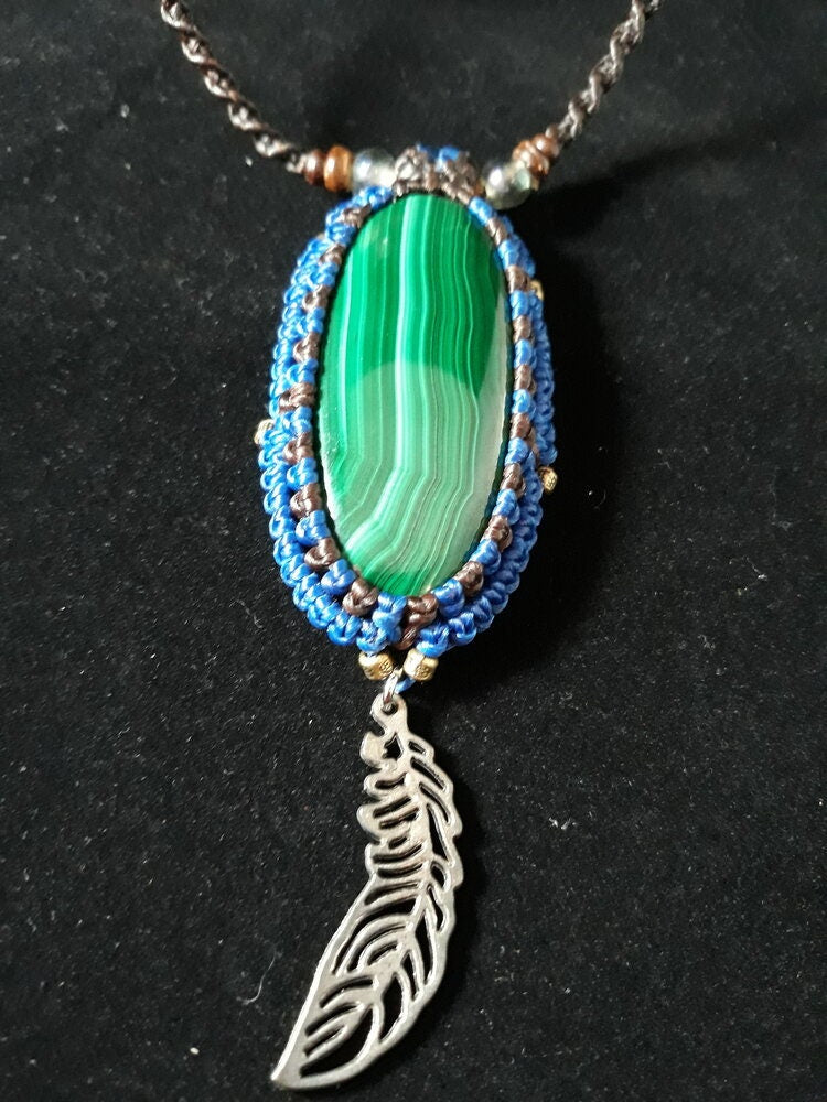 Malachite Macrame Neclace with Cute Feather Pendant