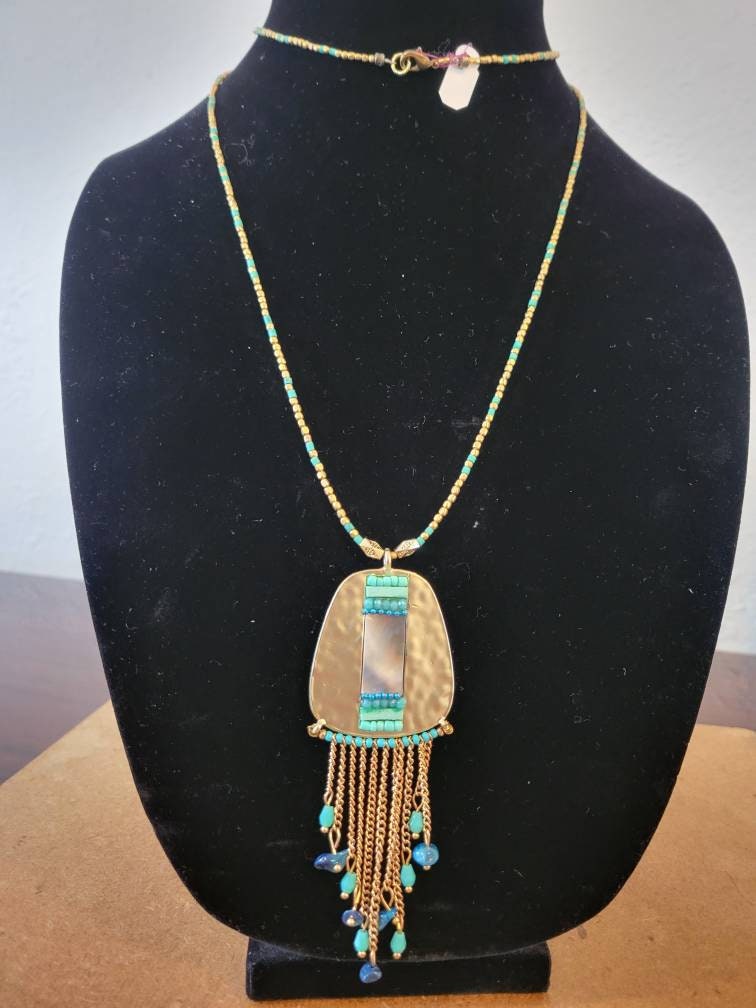 Long Boho Mother of Pearl Necklace - Turquoise Blue & Brass Beads - Earthy Handcrafted Hippie Jewelry - Unique Shell Design