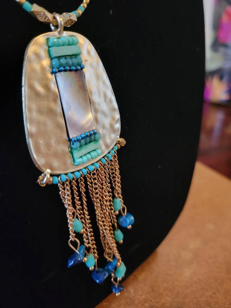 Long Boho Mother of Pearl Necklace - Turquoise Blue & Brass Beads - Earthy Handcrafted Hippie Jewelry - Unique Shell Design