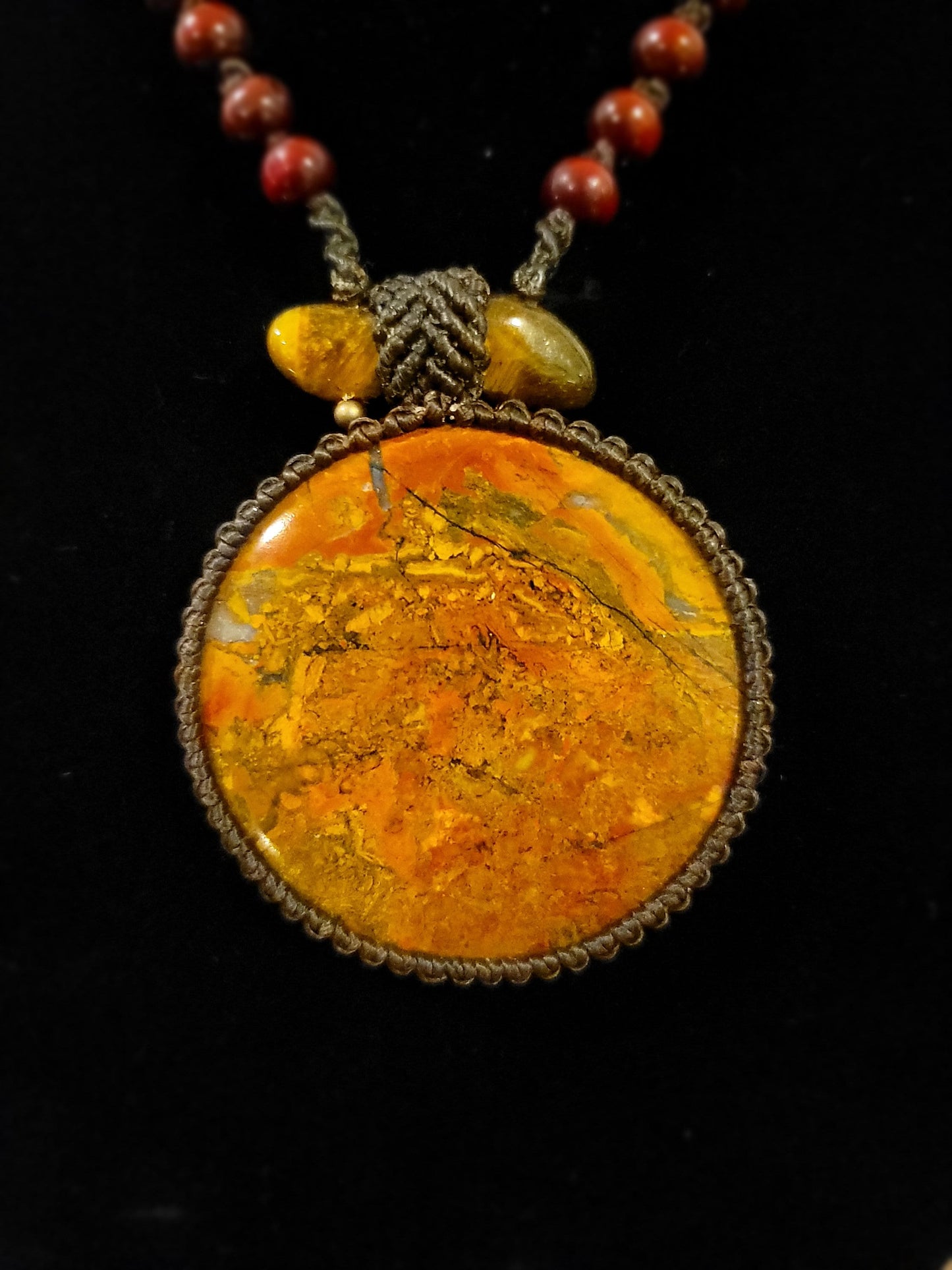 Red Jasper Stone Pendant - Handcrafted Micro-Macrame with Sibucao Wood Beads - Earthy Boho Necklace - Unique Hippie Jewelry