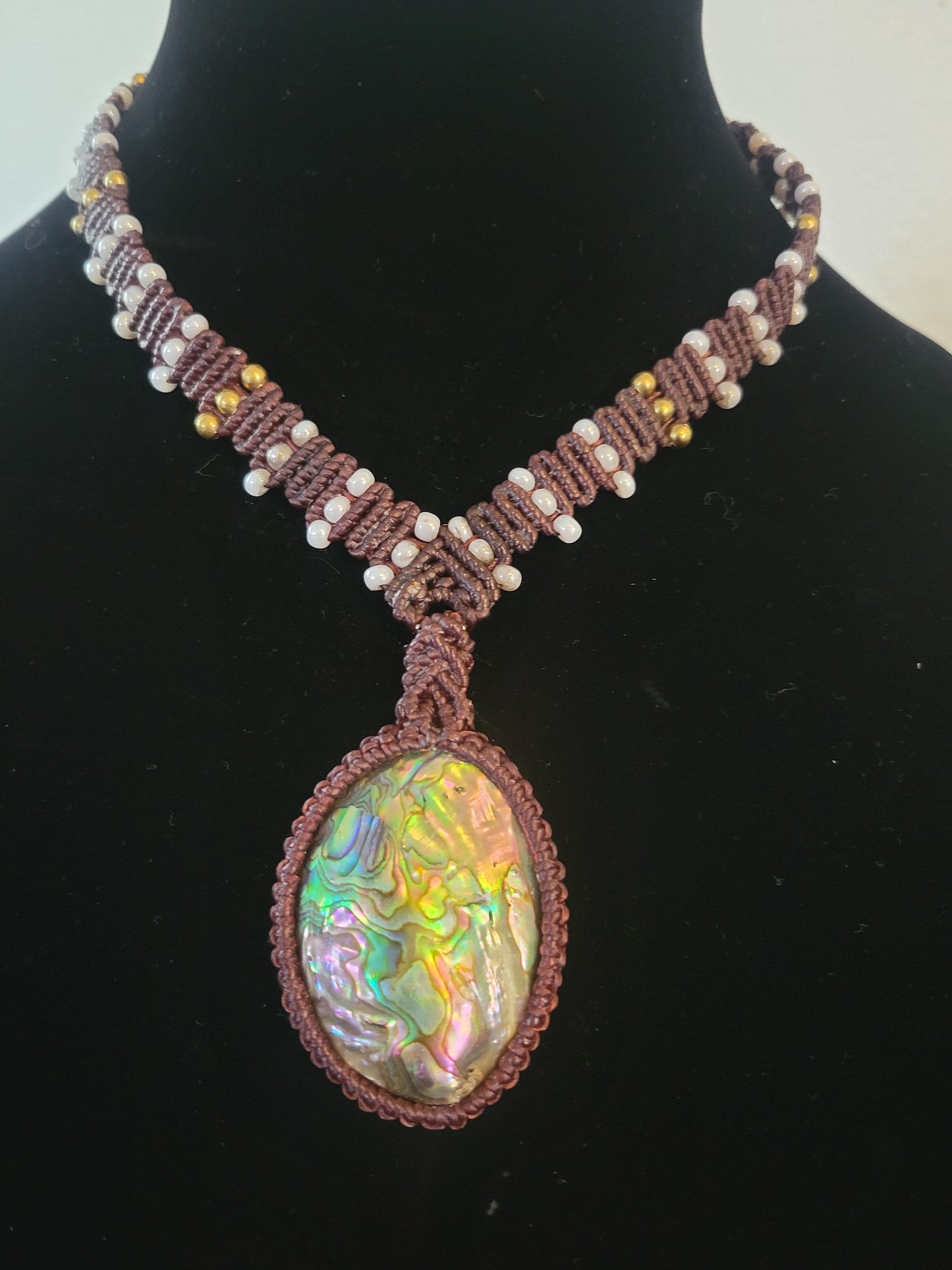 Mother of Pearl Pendant Macramé Necklace with Glass and Brass Beads